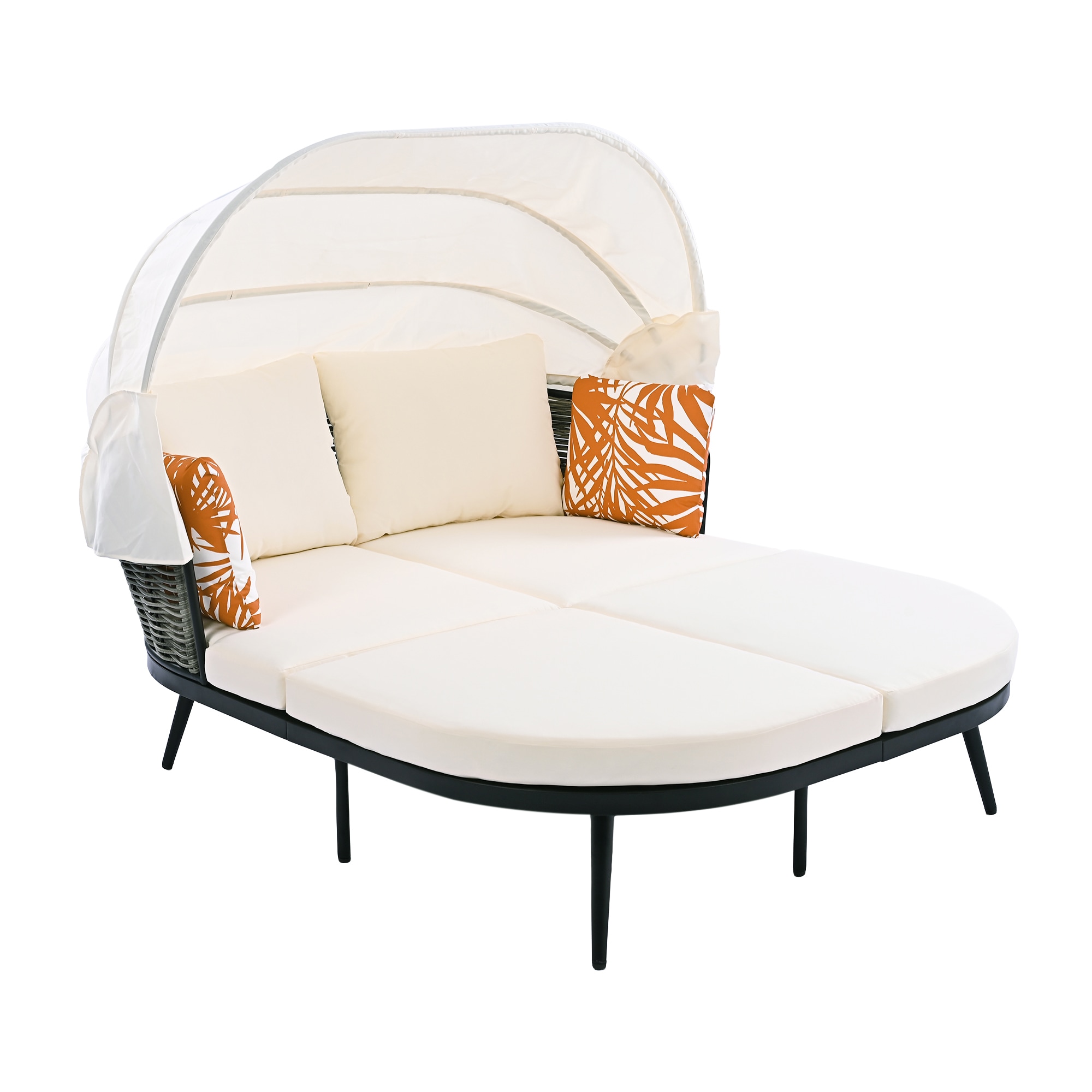 CASAINC WF-HW63225+ Patio Daybed with Retractable Canopy Rattan Outdoor Daybed with Off-white Cushions and Steel Frame