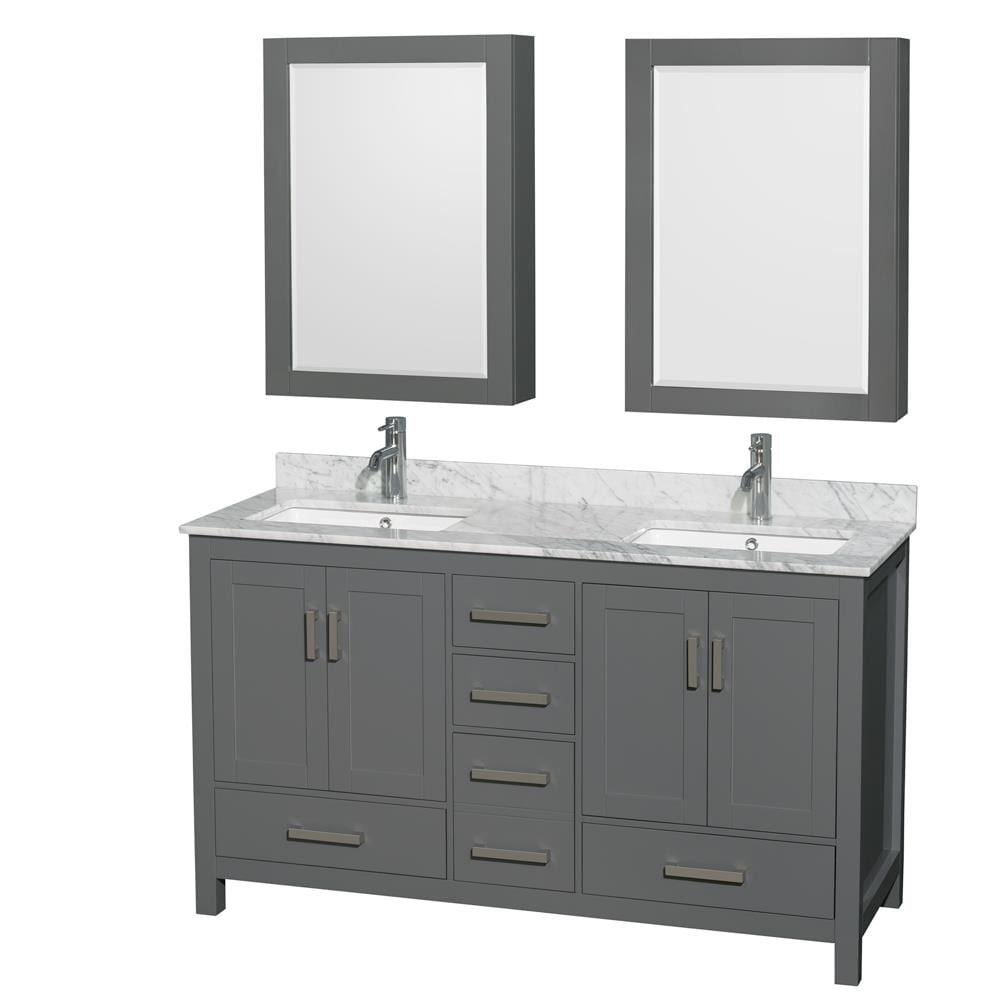 Wyndham Collection WCS141460DKGCMUNSMED Sheffield 60-in Dark Gray with Brushed Chrome Trim Undermount Double sink Bathroom Vanity with White Carrara Marble Natural marble Top (Mirror Included)