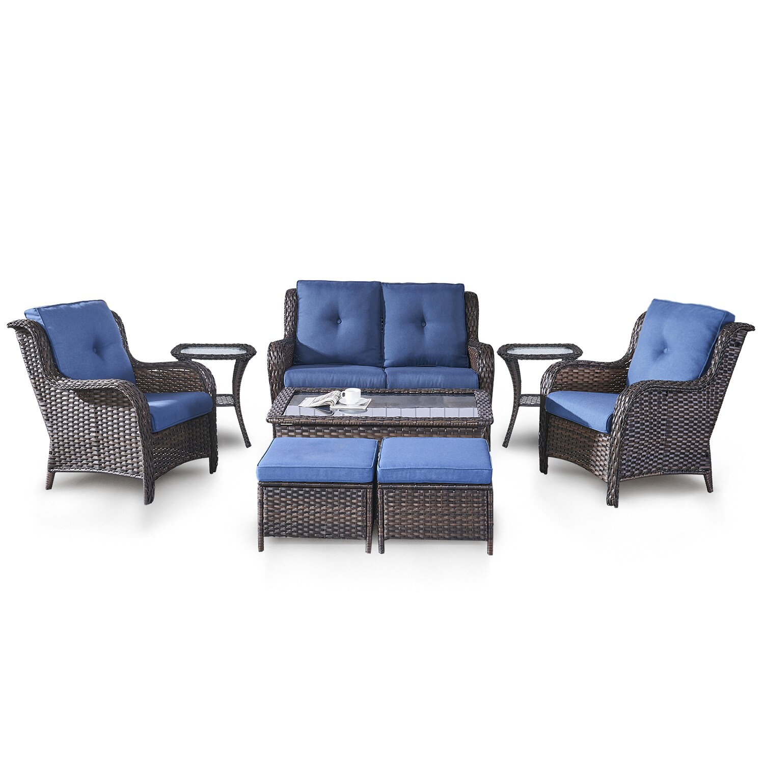 Rilyson FS3818025X2006014-1 Curved Handrail 8 -Piece Wicker Patio Sofa Conversation Set with Blue Cushions