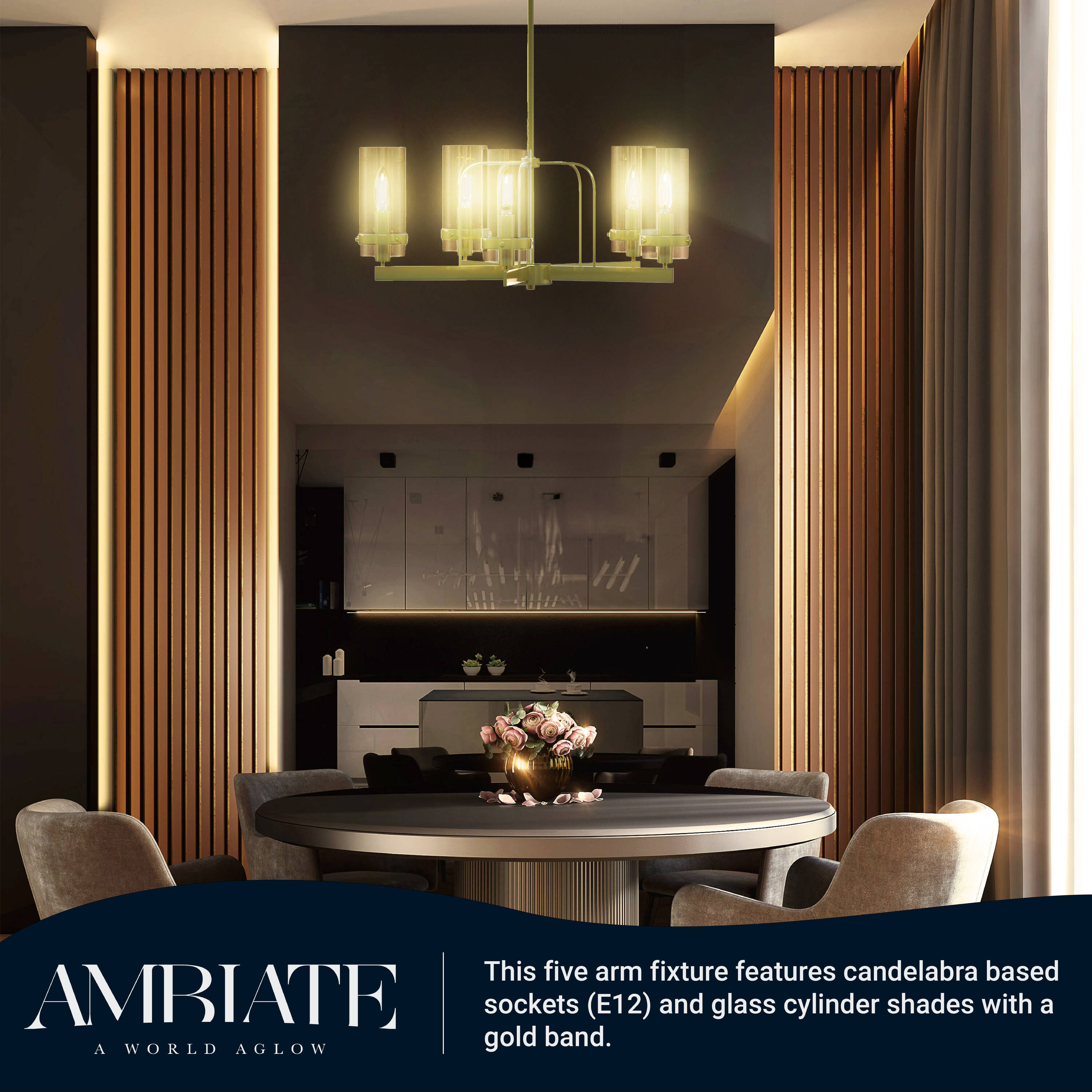 Sara Gold Finish 5-Light Chandelier with Glass Shades