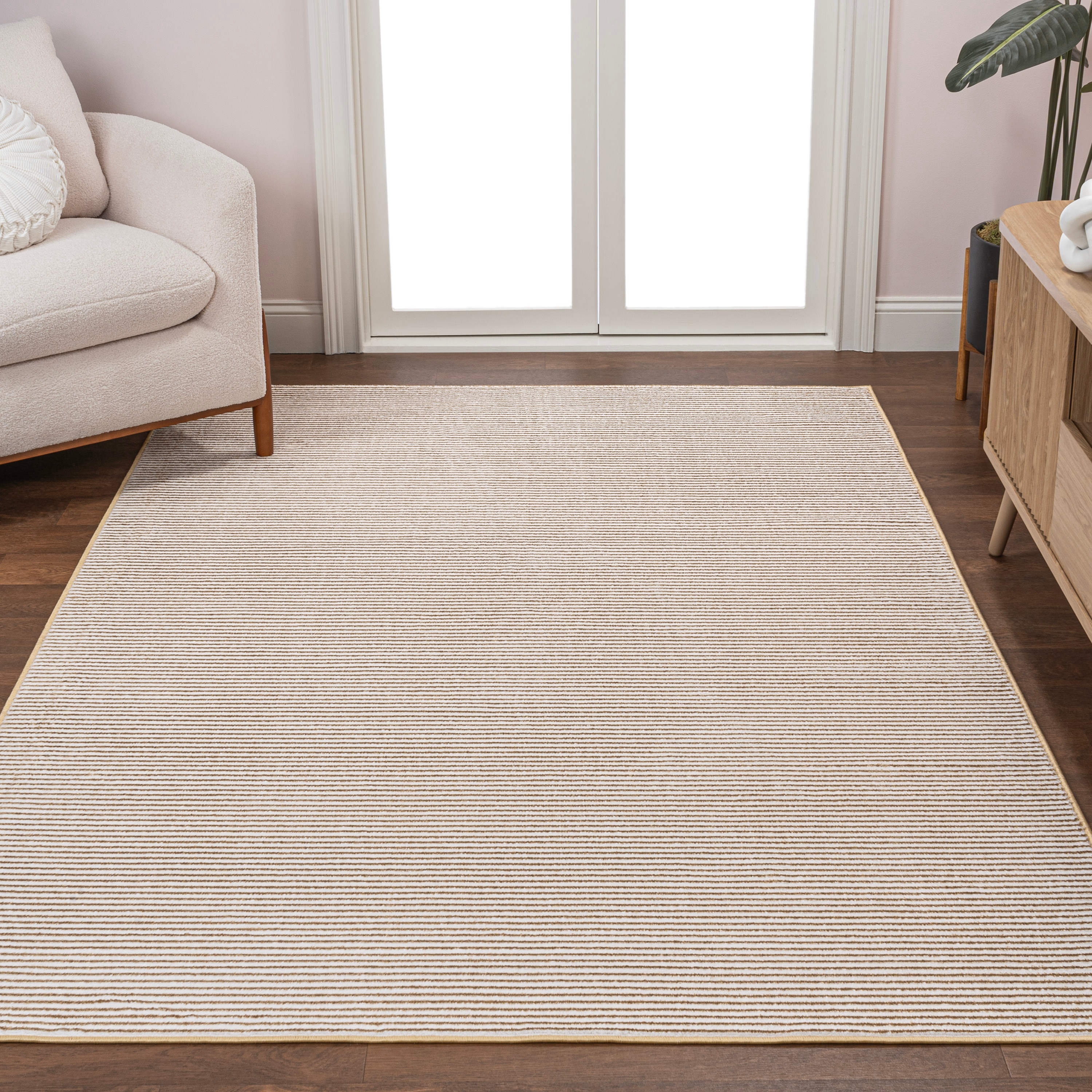 JONATHAN  Y CAR101D-3 CARMEL Cole Minimalist Pinstripe High-Low 3 x 5 (ft) Loomed Polyester White/Gold Rectangular Indoor Stripe Farmhouse/Cottage Area rug