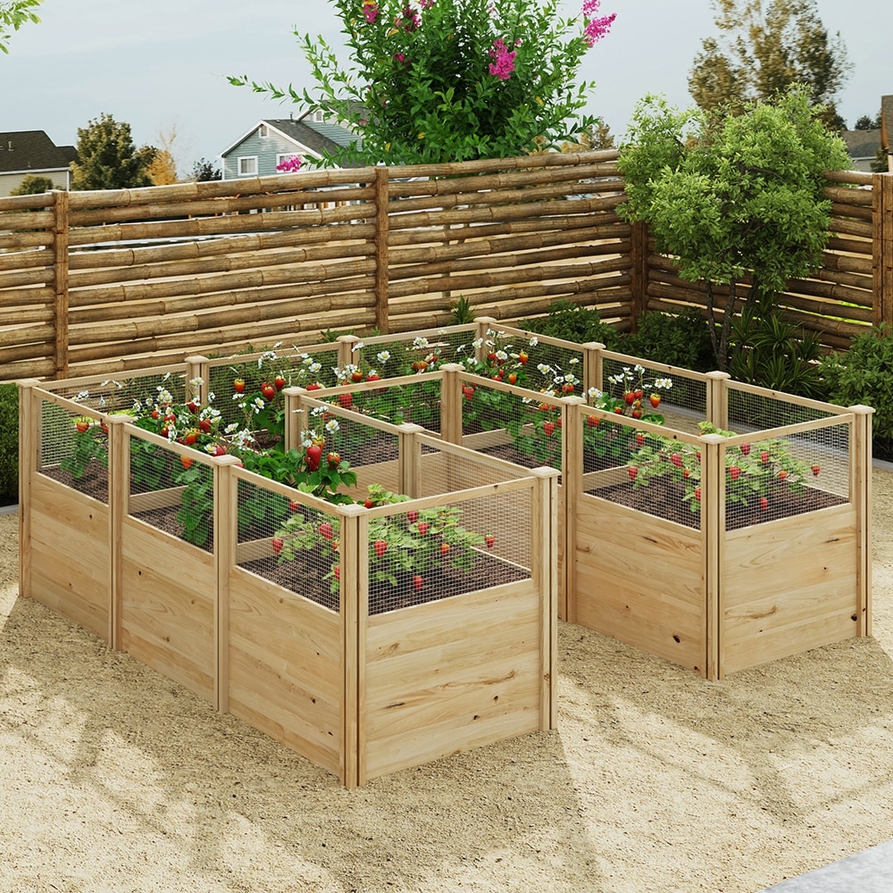 Famapy  Square Raised Cedar Wood Garden Bed with Galvanized Mesh and Mortise Tenon Assembly 95.3''L x 95.3''W x 34.2''H Natural Wood