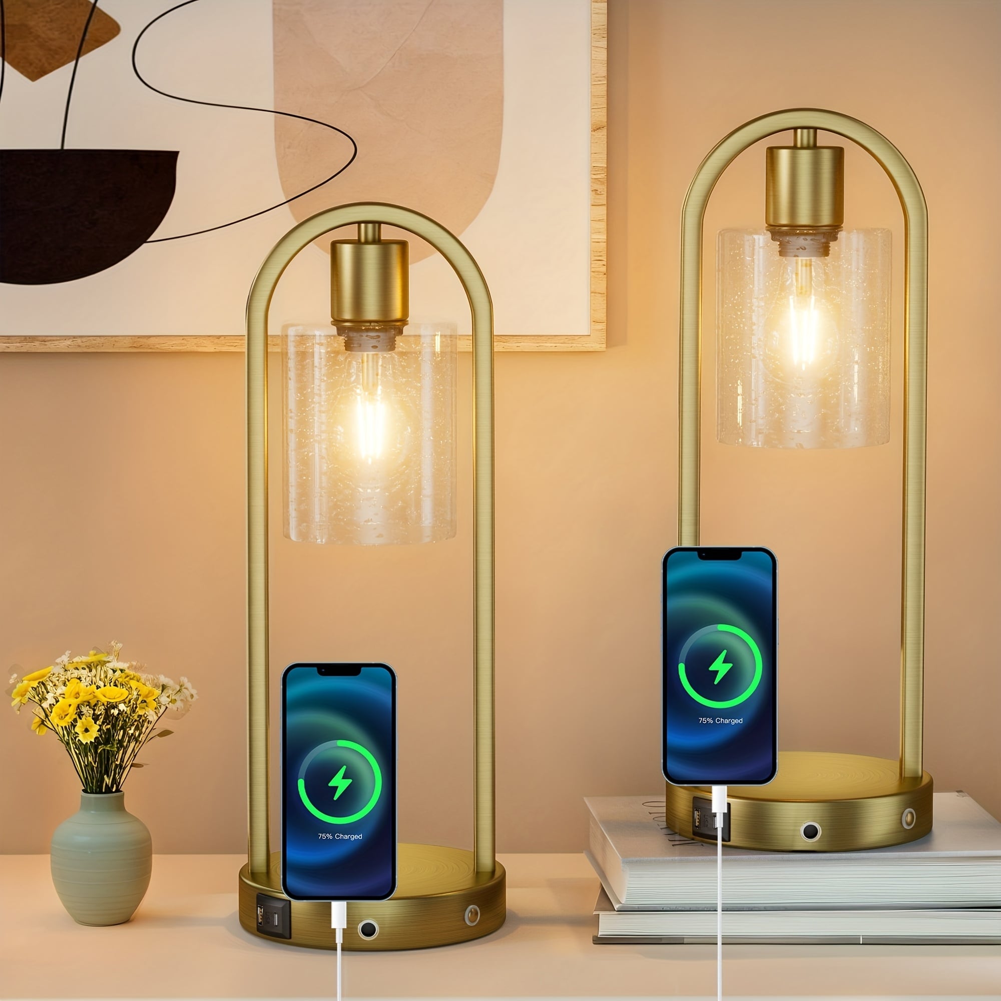 Trikiousd 16 in Height with Shade Gold Metal Finish LED Compatible Touch Switch Industrial Table Lamp with Seeded Glass Shade Set of 2