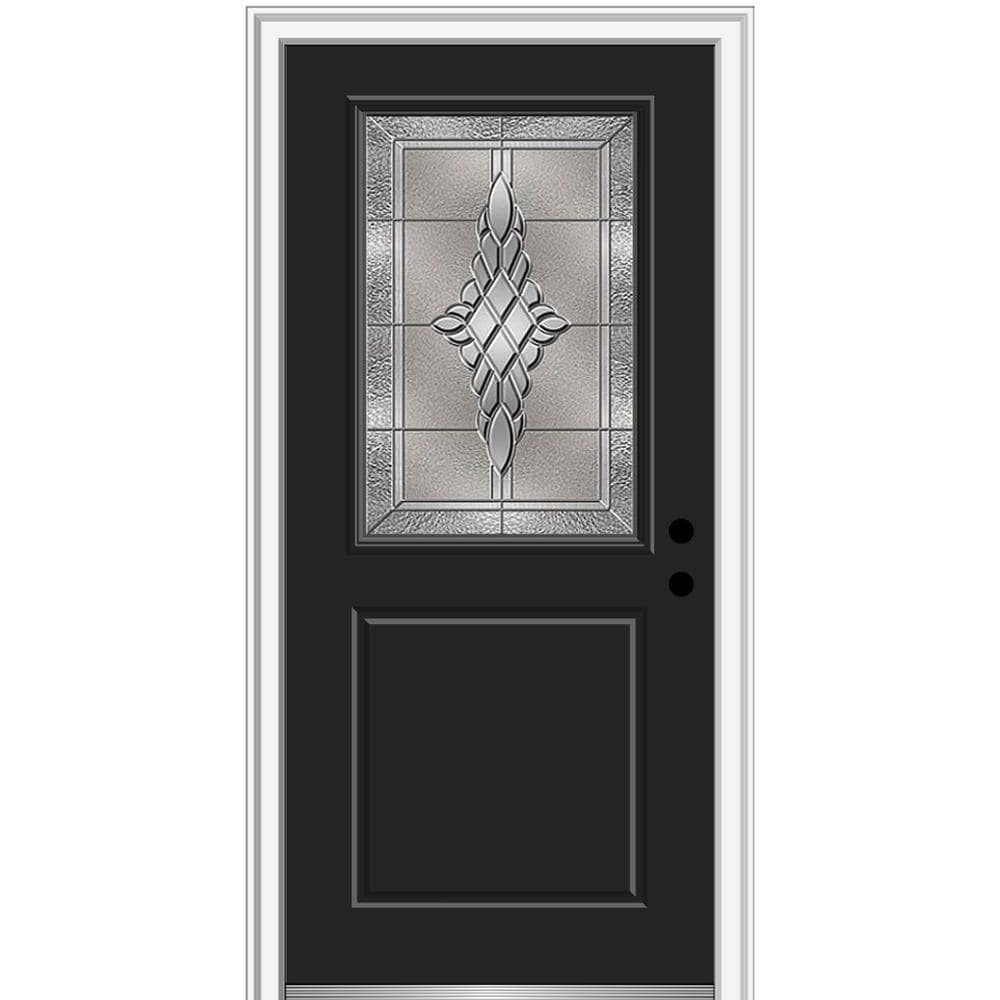 MMI DOOR ZZ3667030L 32-in x 80-in x 4-9/16-in Fiberglass Half lite Left-hand inswing Black Painted Prehung Front Door with Brickmould Insulating core