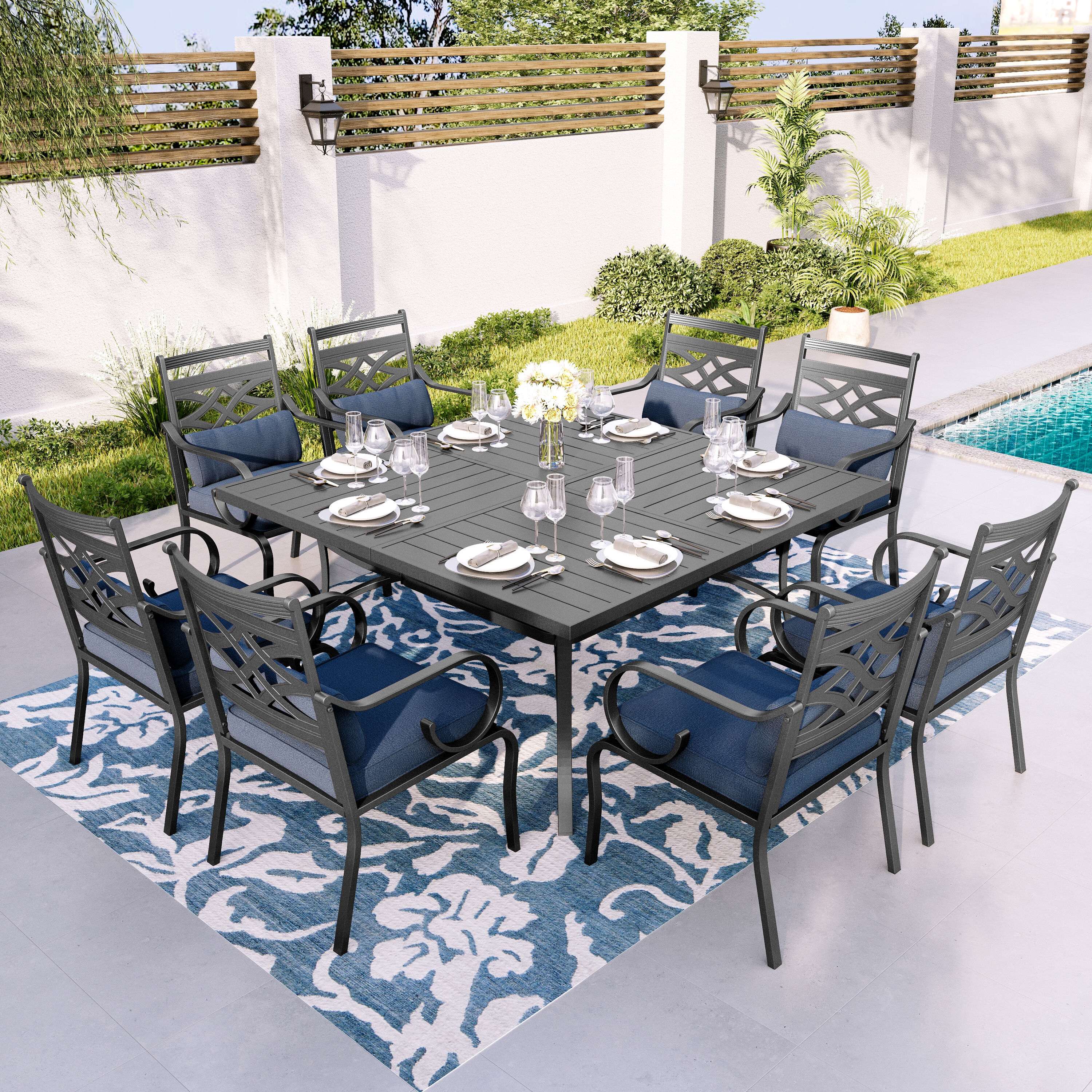 Sunshine Valley - Set of 8 Black Steel Frame Stationary Dining Chair with Blue Olefin Cushioned Seat
