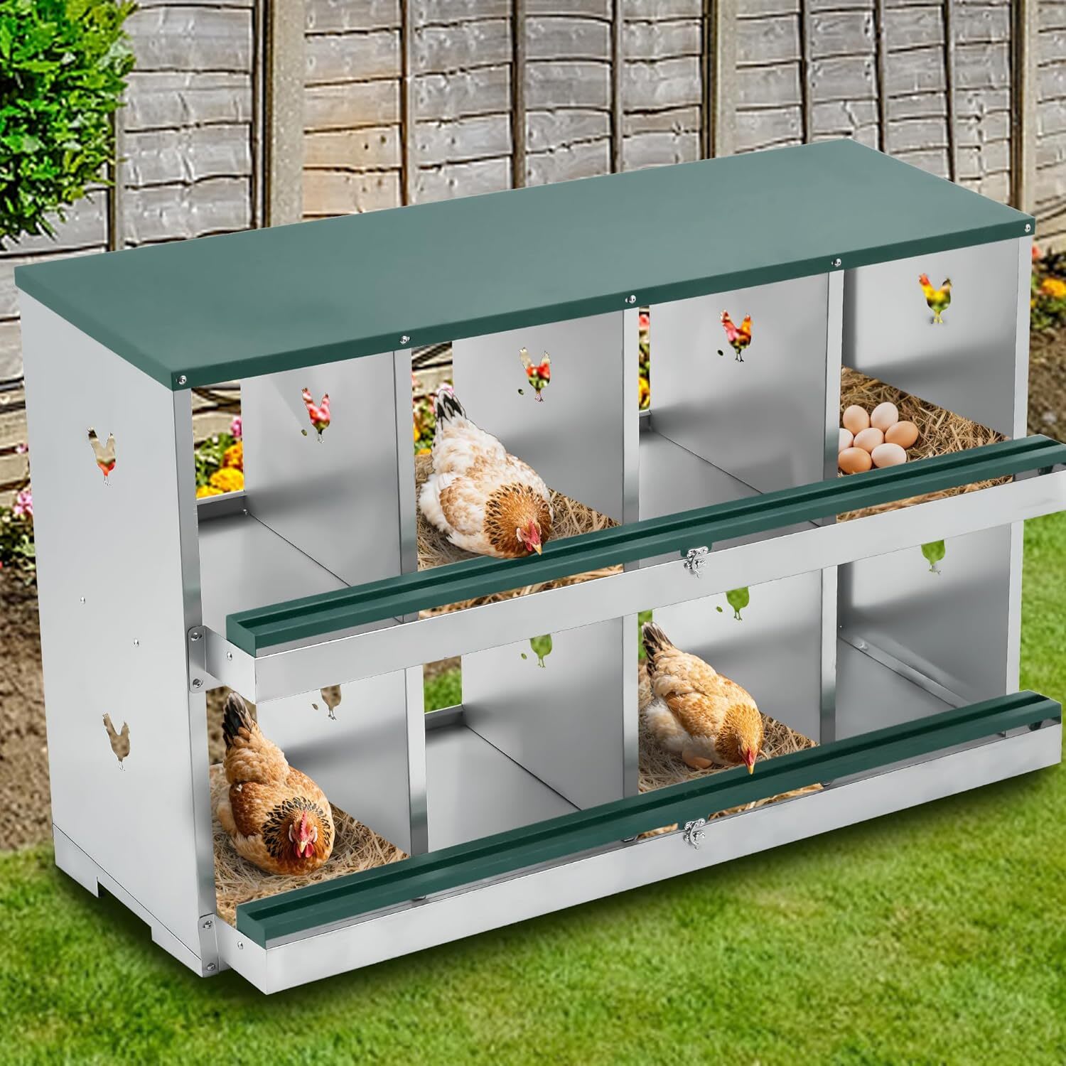 Qeetex GGL-PPG-33CSNQ48 2 Tier Metal Chicken Nesting Boxes - Chicken Egg Laying Box with 8 Compartments Large Vented Holes Chicken Coop for Hens Chickens Green