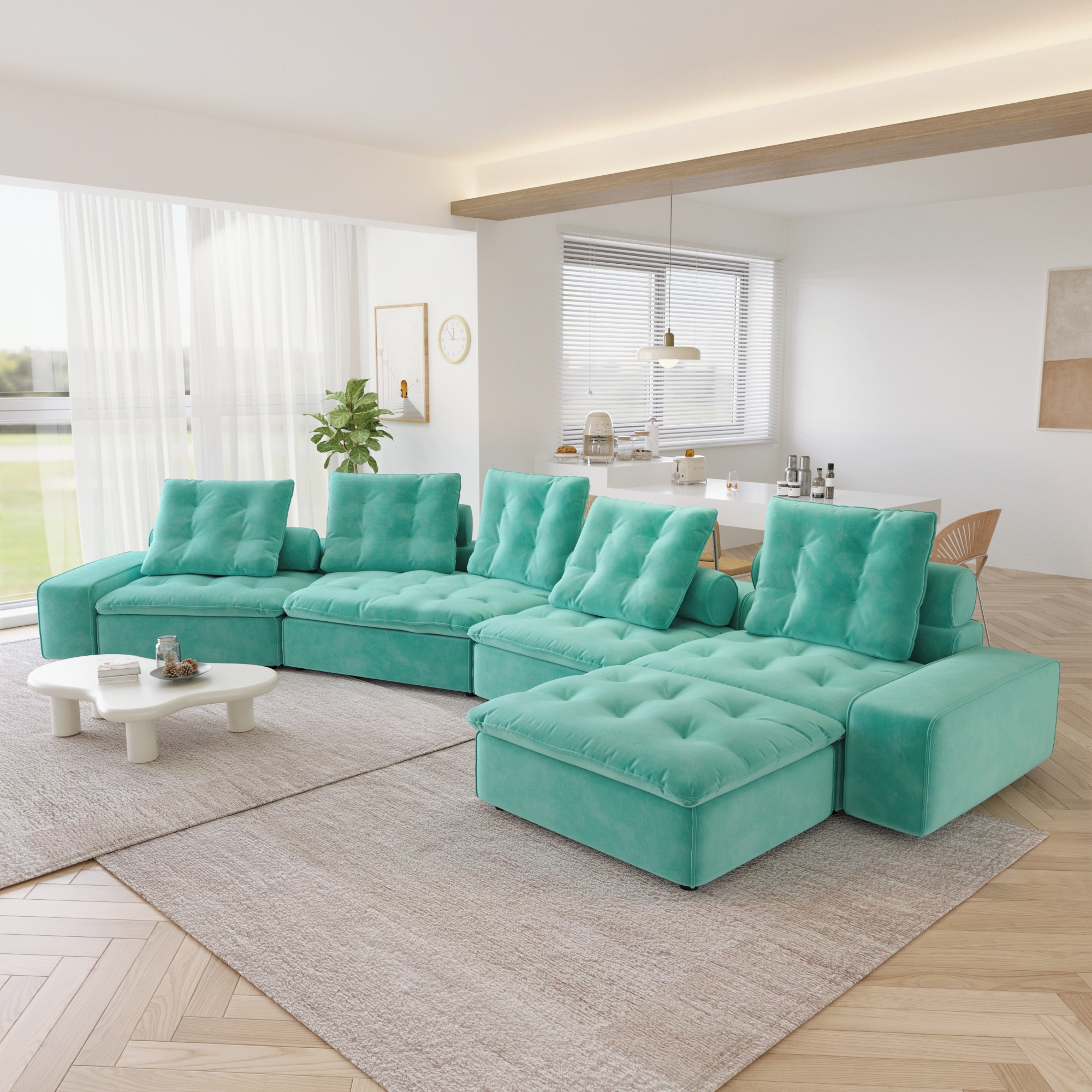 BuotiqHom DH-CF4+1-136TB 175-in Modern Tiffany Blue Velvet 5 -seater Sectional