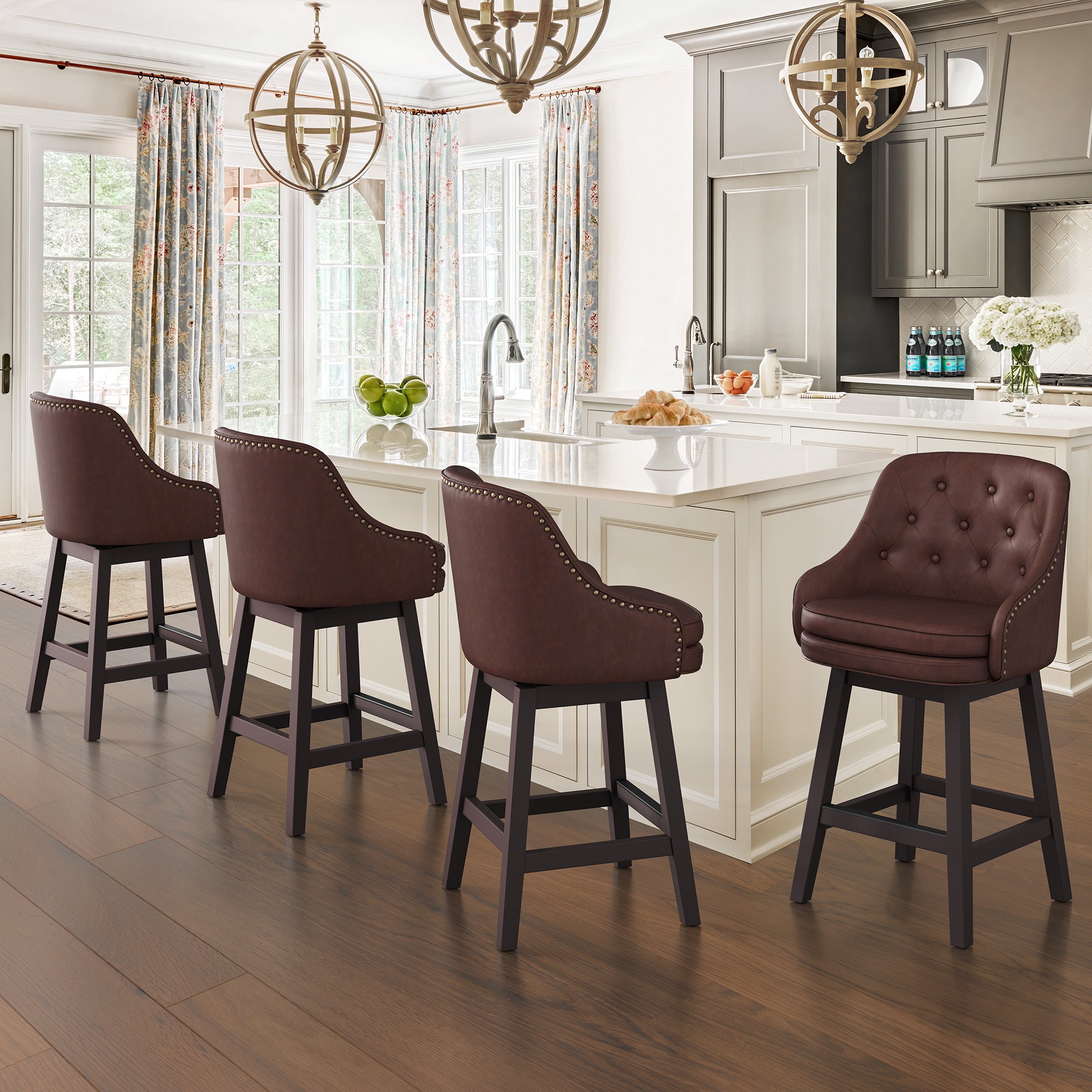 LUE BONA 4YB-170-01LS 4 -Set Brown/Faux leather 26.5-Inches H Counter height Square seat Upholstered Swivel Wood Bar Stool and Back