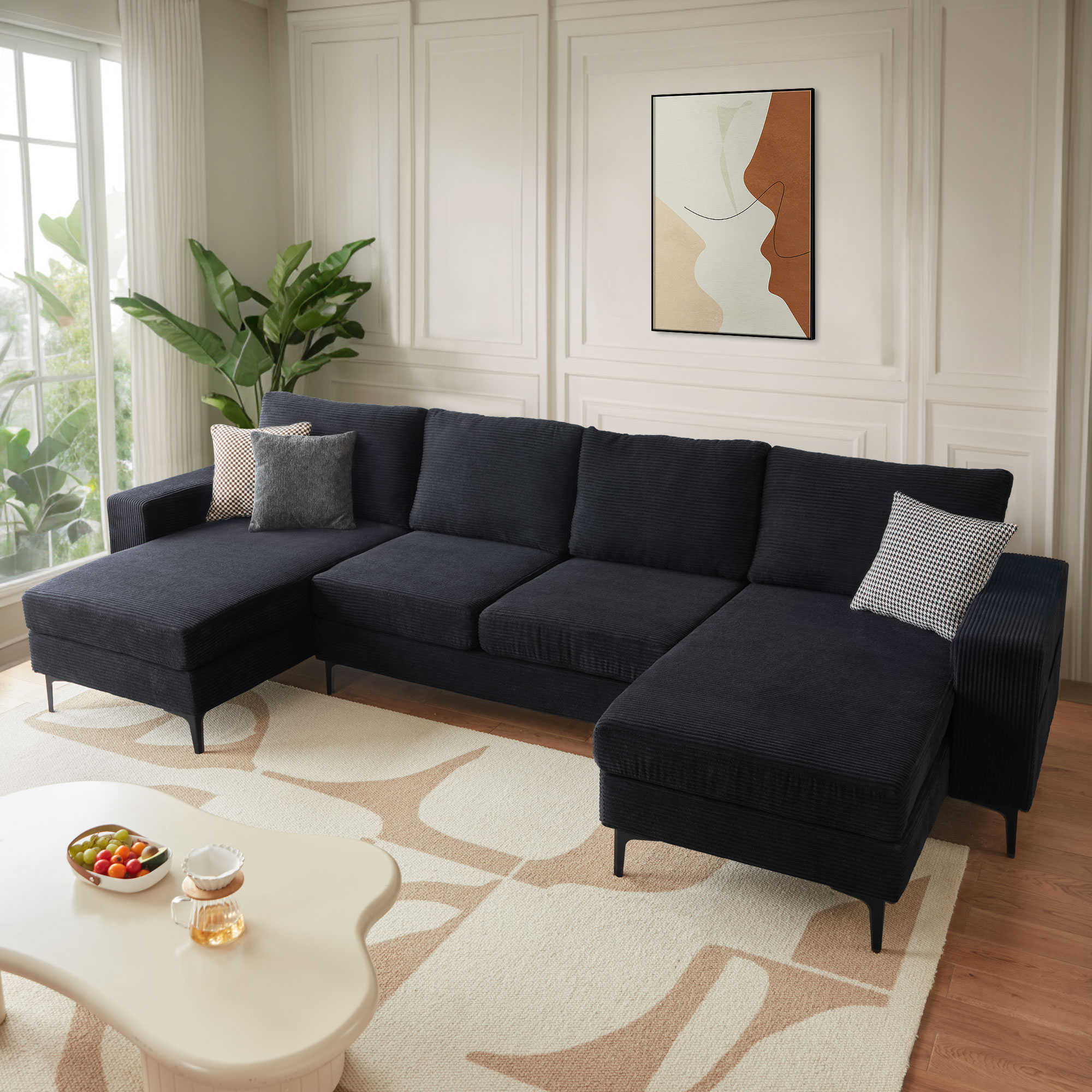 weaxty DCDKI2400 125.98-in Modern Black Corduroy Sofa
