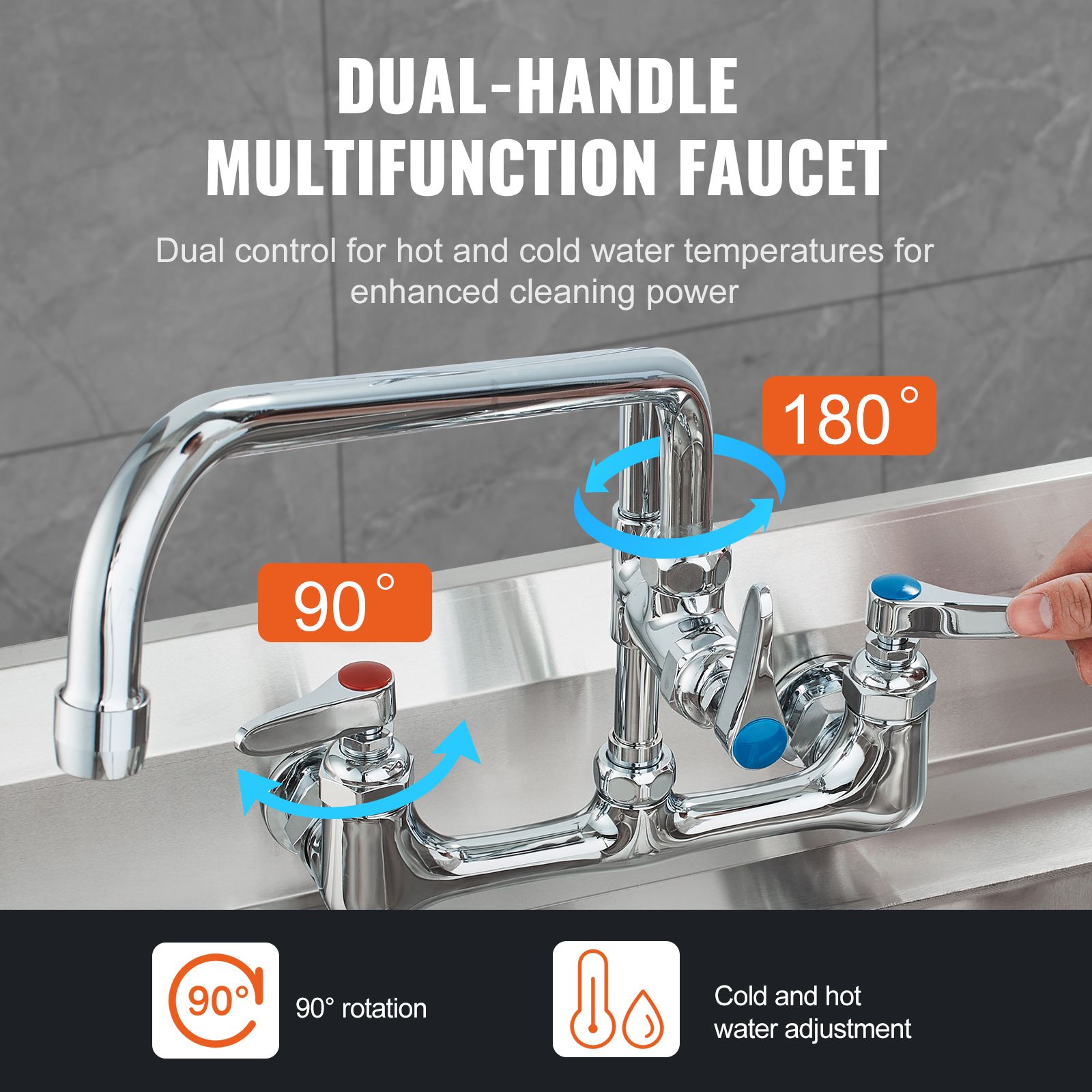 WEWE Wall-Mounted Brass Kitchen Faucet 36 Inch Tall 8 Inch Installation Width with 12 Inch Rotating Spout and Pull-Down Sprayer for Single Double or Triple Sinks