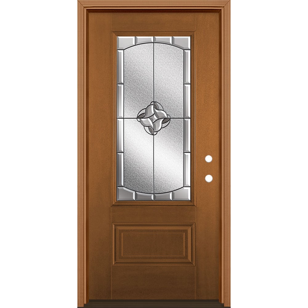 Masonite 3422811 Rozet 36-in x 80-in x 4-9/16-in Fiberglass 3/4 lite Left-hand inswing Woodhaven Stained Prehung Single door Front Door with Brickmould Insulating core Decorative glass