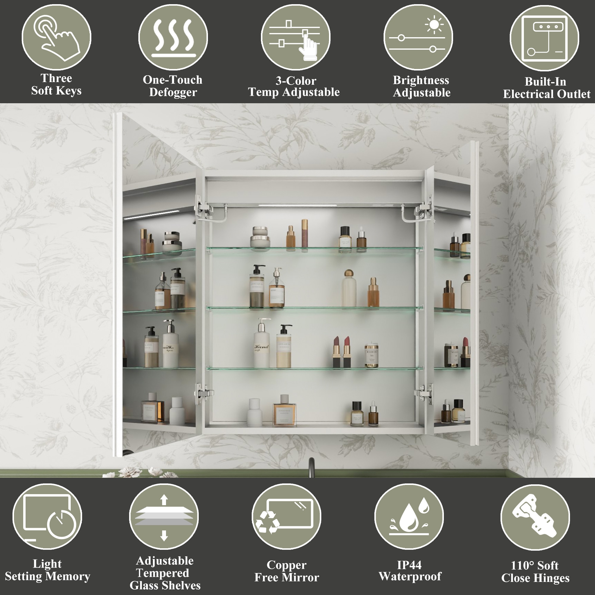 ExBrite Luvia 40-in x 32-in Lighted LED Fog Free Surface/Recessed Mount Silver Mirrored Soft Close Medicine Cabinet with Outlet