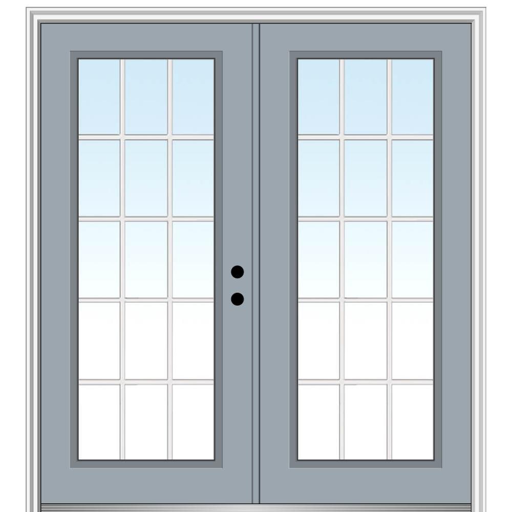 MMI DOOR ZZ13065L 64-in x 80-in x 4-9/16-in Fiberglass Full lite Left-hand inswing Storm Cloud Painted Prehung Double Front Door with Brickmould Insulating core with Grilles