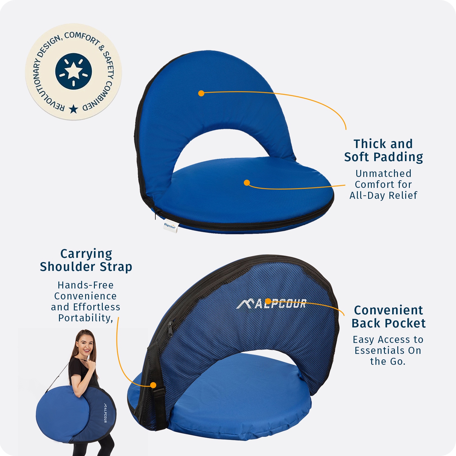 Royal Blue Waterproof Reclining Stadium Seat with Mesh Pocket