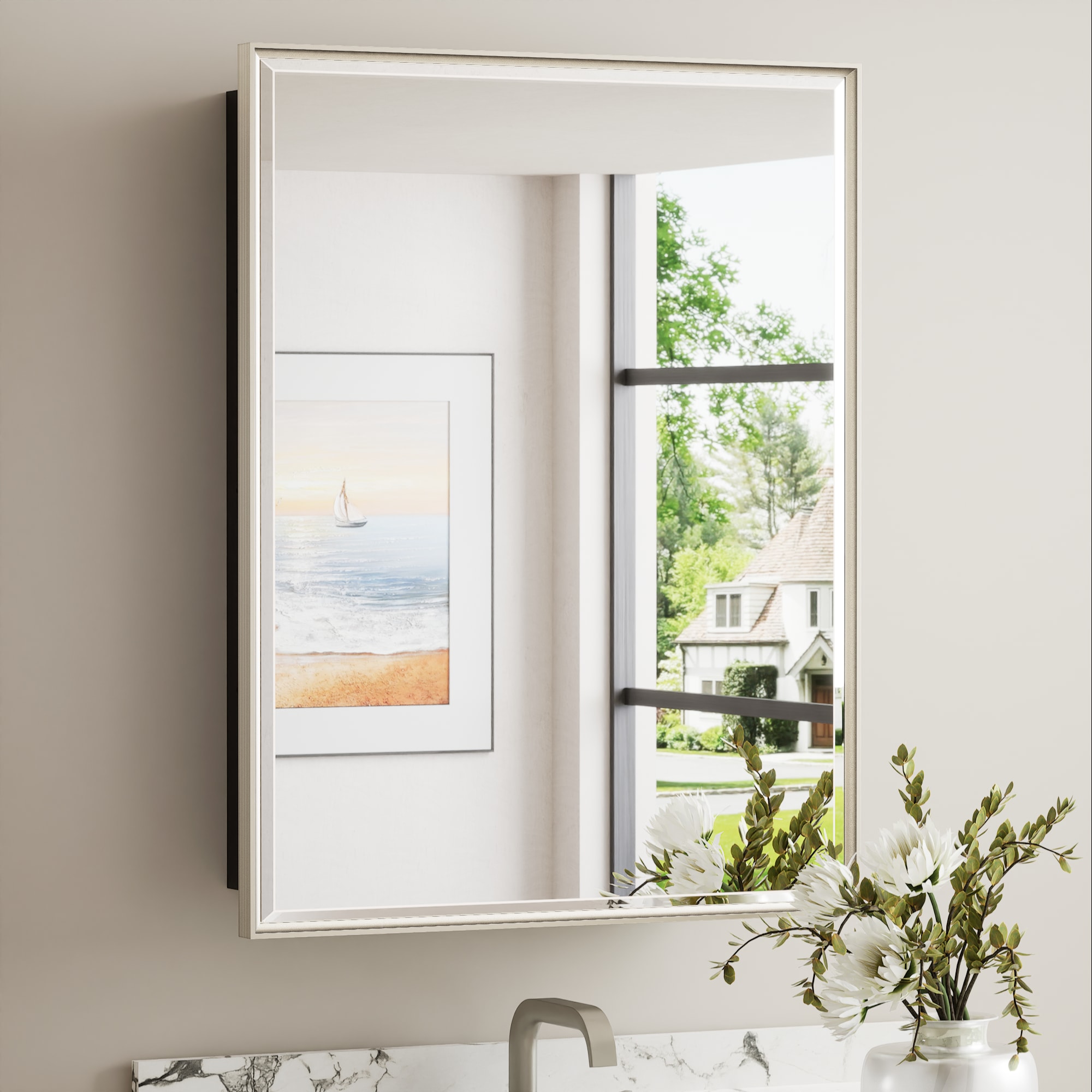 Keonjinn LW-JSKJG-FJ-5368BN 21-in x 27-in Surface/Recessed Mount Brushed Nickel Mirrored Rectangle Soft Close Medicine Cabinet