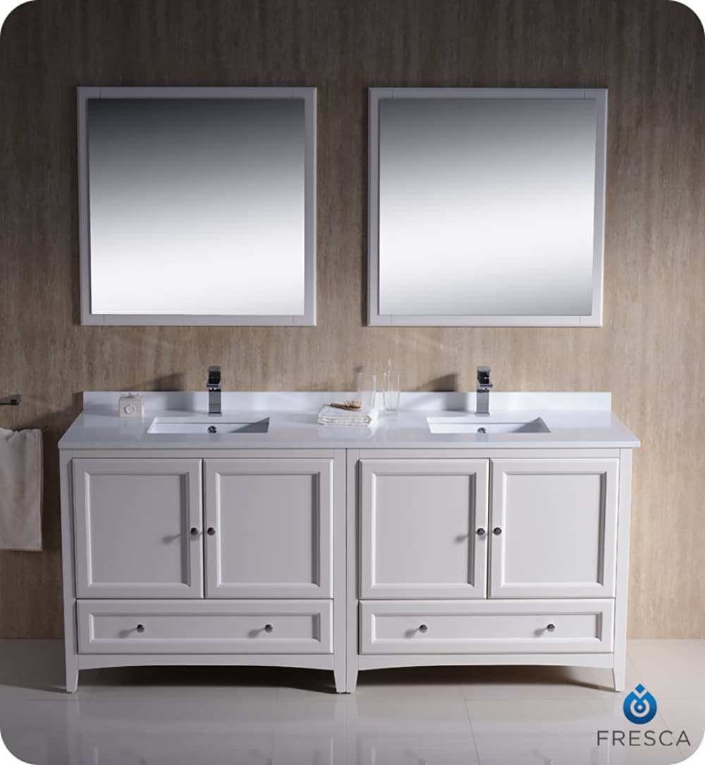 Fresca FVN20-3636AW Oxford 72-in Antique White Undermount Double sink Bathroom Vanity with White Quartz Top (Mirror Included)