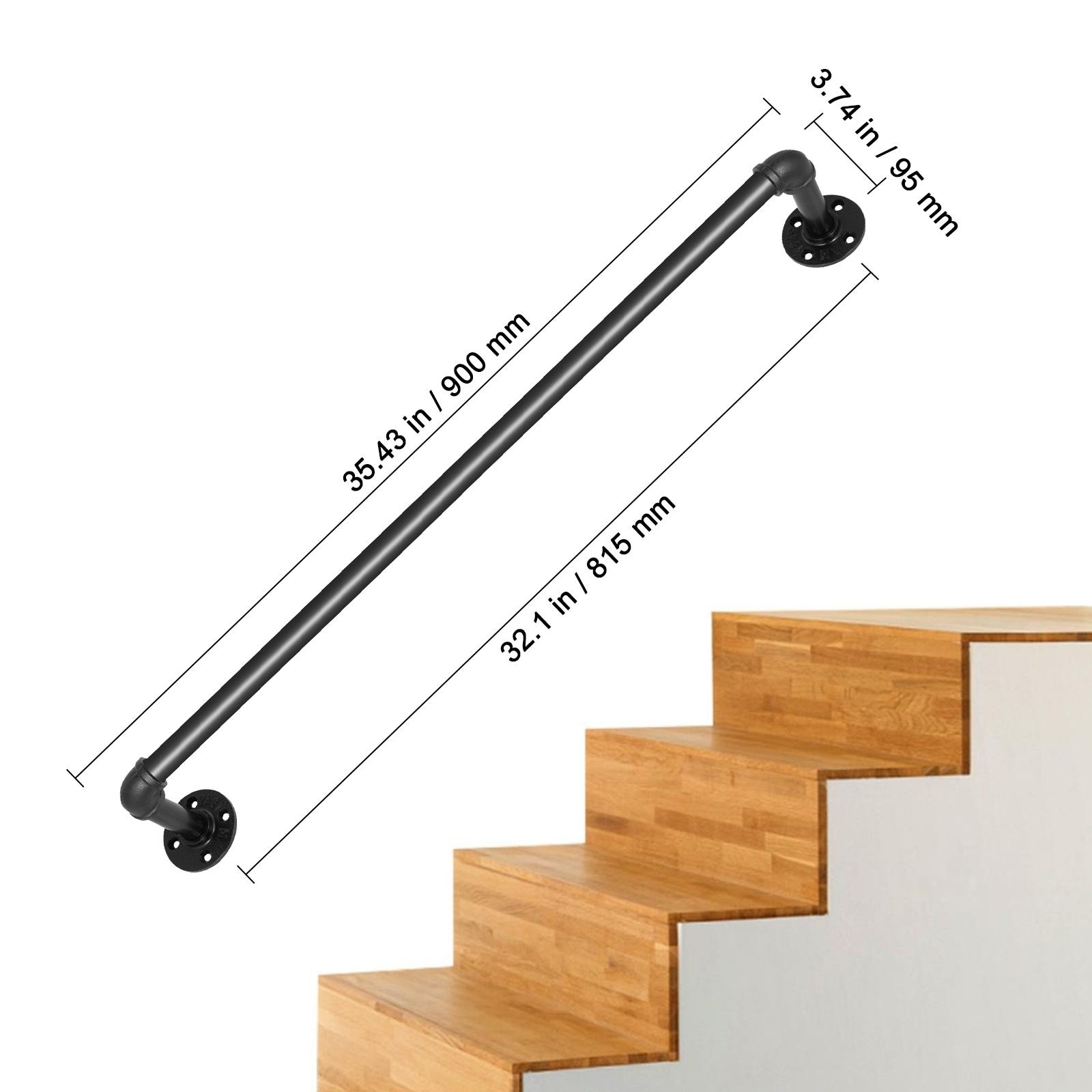 Angel Sar 3ft 1-Handrail 440lb Load Matte Black Round Corner Stair ...