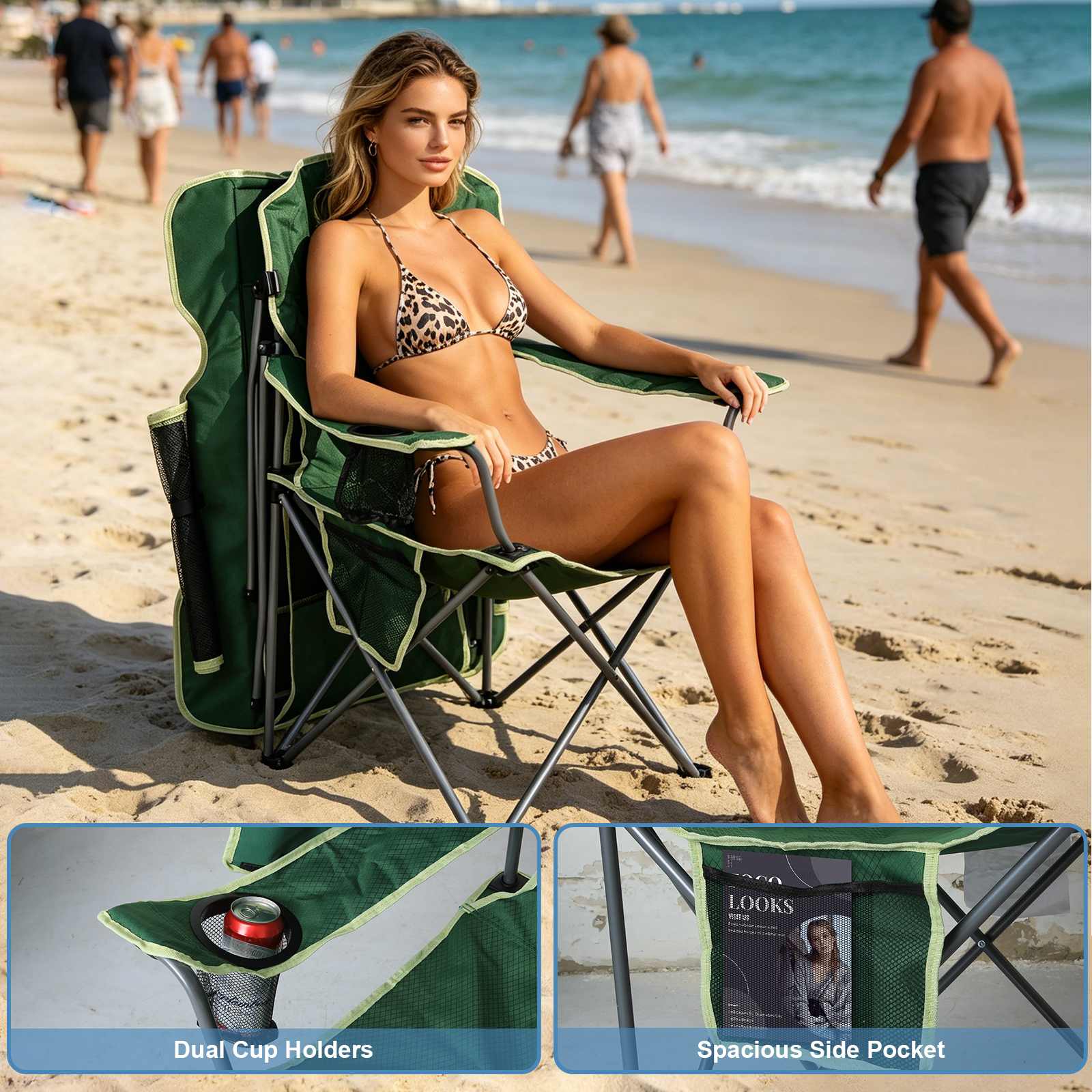 Sunspire 2 Pack Large Camping Chairs with Canopy Shade Green
