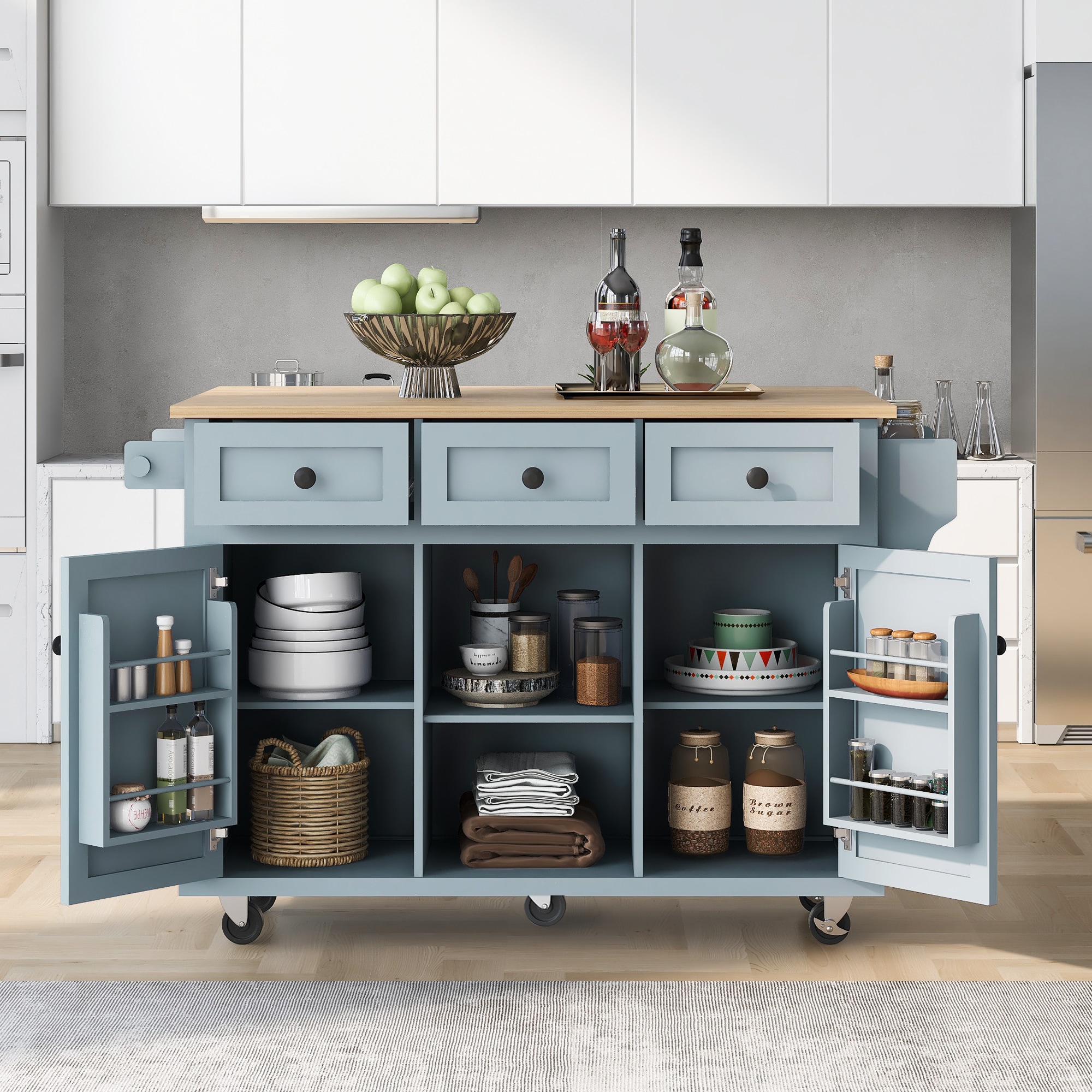 Tatayosi XH-98028AAN Kitchen Cart with Rubber wood Drop-Leaf Countertop Cabinet door internal storage racks Kitchen Island on 5 Wheels with Storage Cabinet and 3 Drawers for Dinning Room Grey Blue