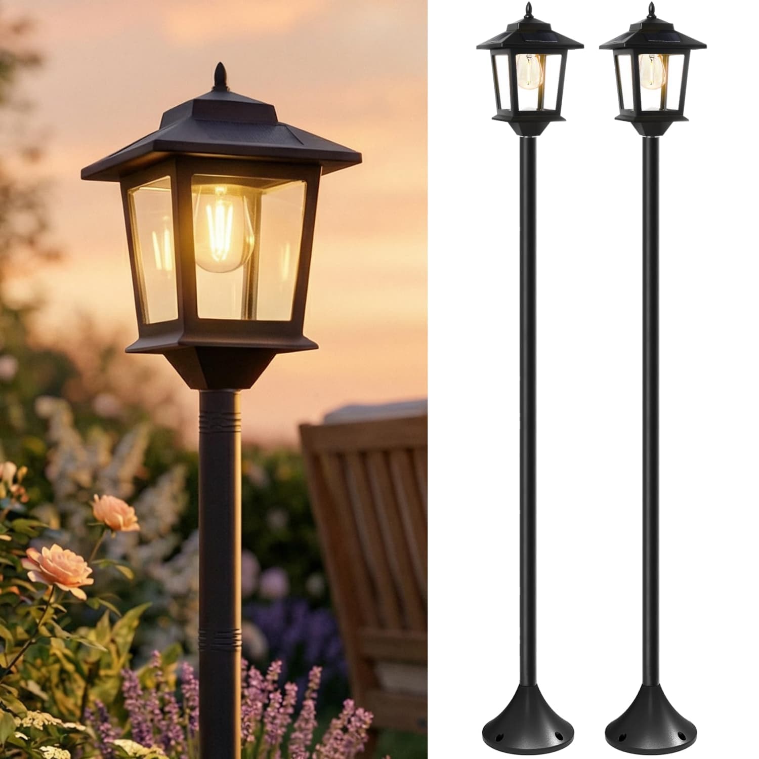 Angel Sar 63 in Waterproof Adjustable Height Outdoor Warm White Solar Lamp Post Lights for Patio Garden Black 2Pack