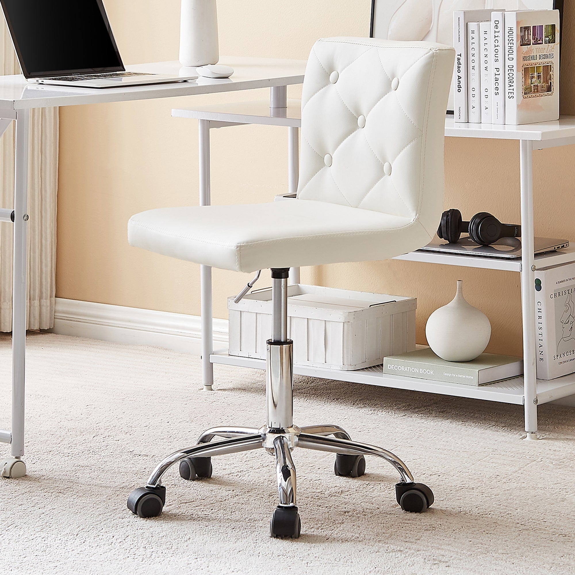 Vecelo LOE-OC05-WHT Armless Office Desk Chair Modern Tufted Task Chair Faux Leather Upholstered Computer Chair with Adjustable Seat Height