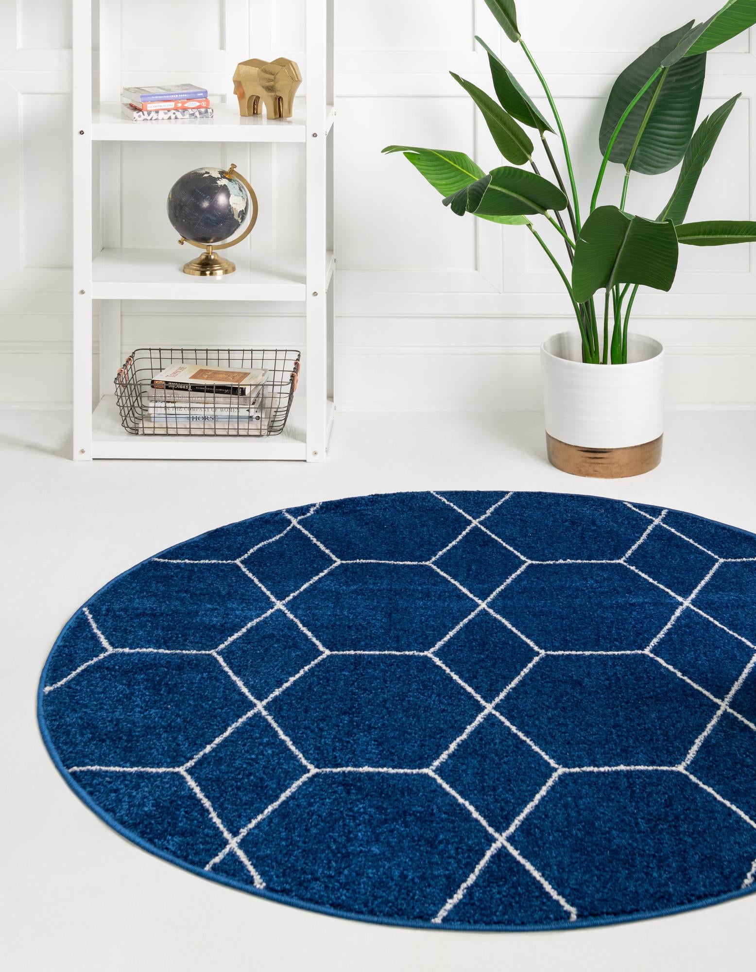 Navy Blue 7' Round Trellis Frieze Synthetic Area Rug