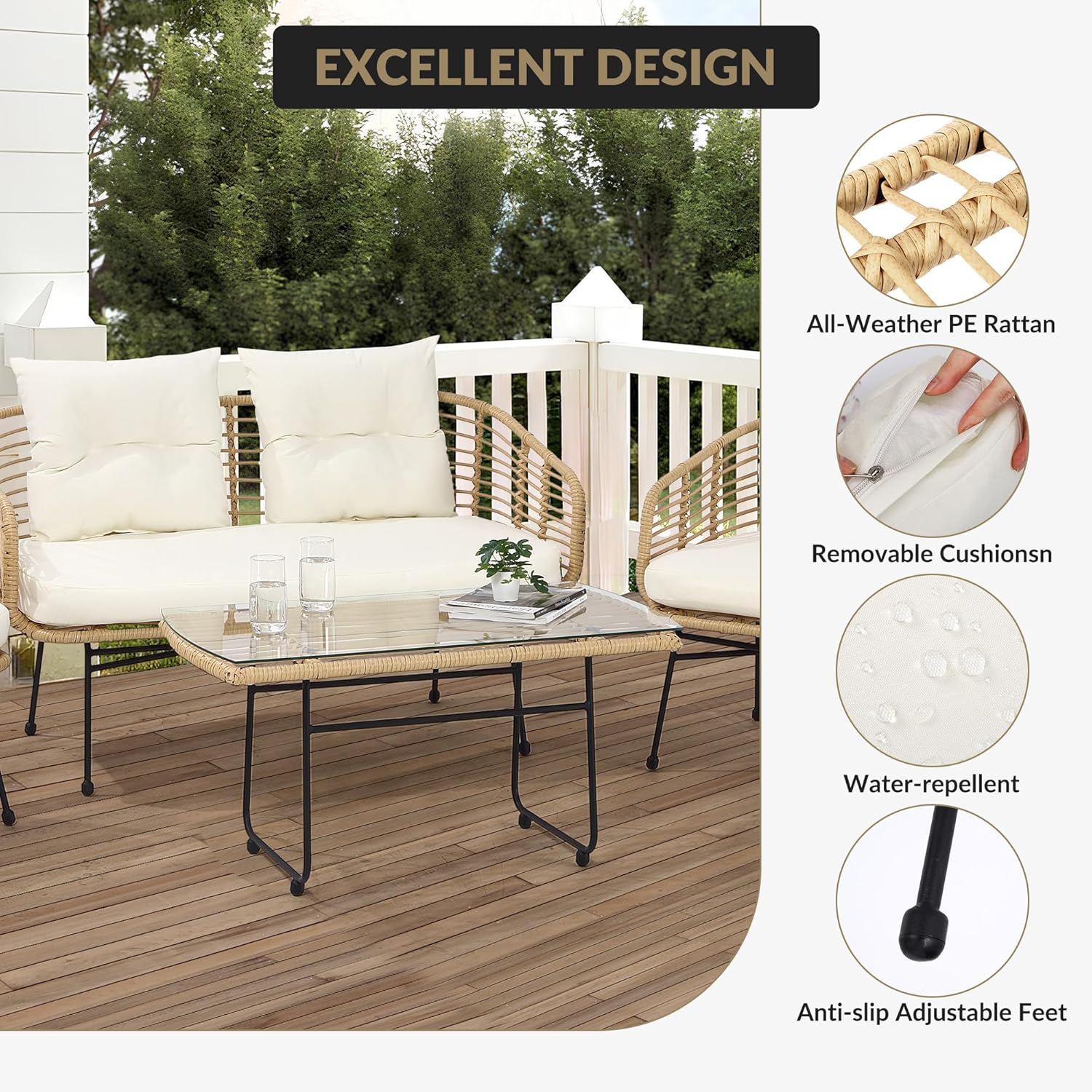 Qeetex WWJ-PHO-127U1LIV Patio Furniture Set with Loveseat Tempered Glass Table for Backyard Garden