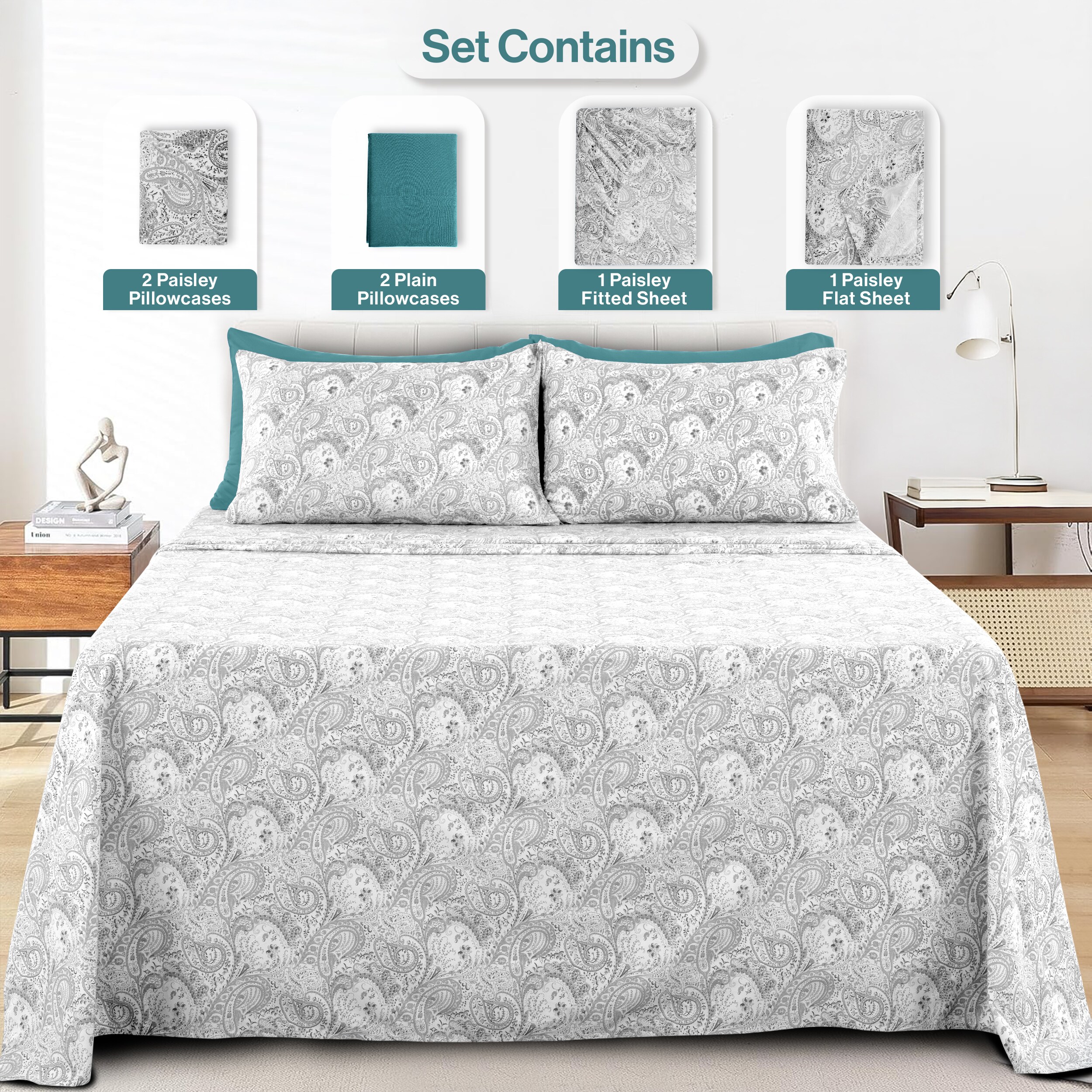 Lux Decor Collection PAISLEY Q WHT GRY Sheet-Sets - View #2