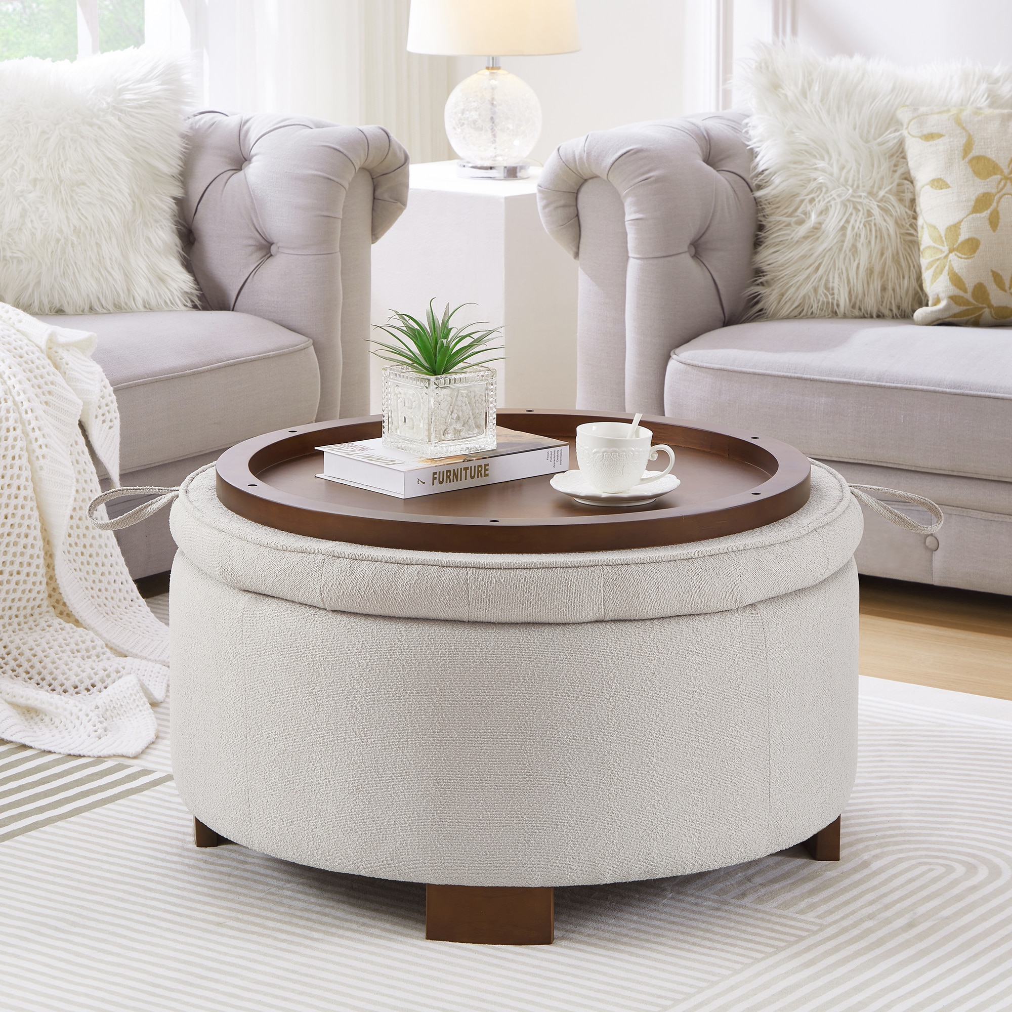 KTMBDW - Round Storage Ottoman with Tray Lid - Upholstered Fabric Footstool Side Table with Hidde...