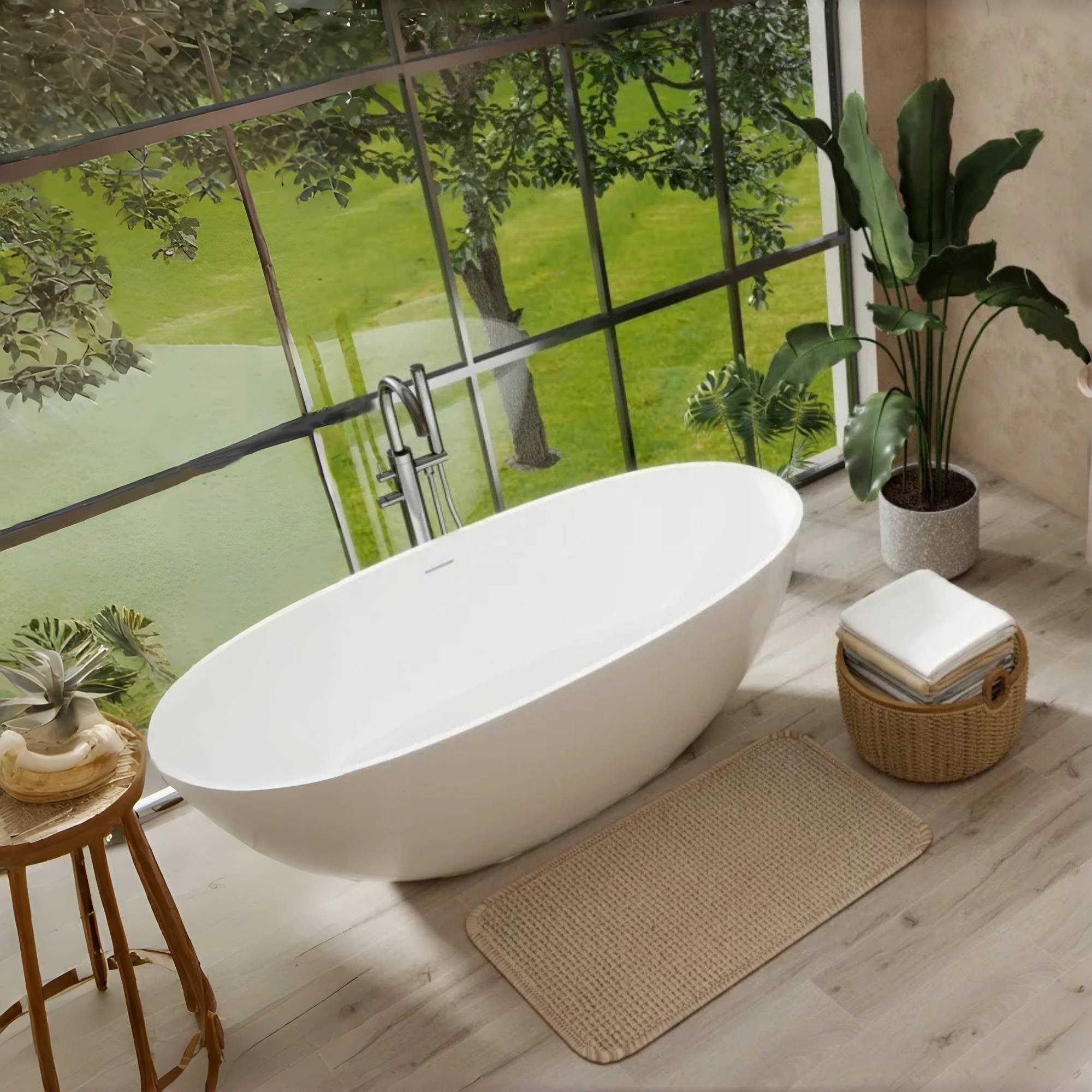 Vorene 65-in Stone Resin Freestanding Soaking Bathtub with Overflow Pop-up Drain Glossy White