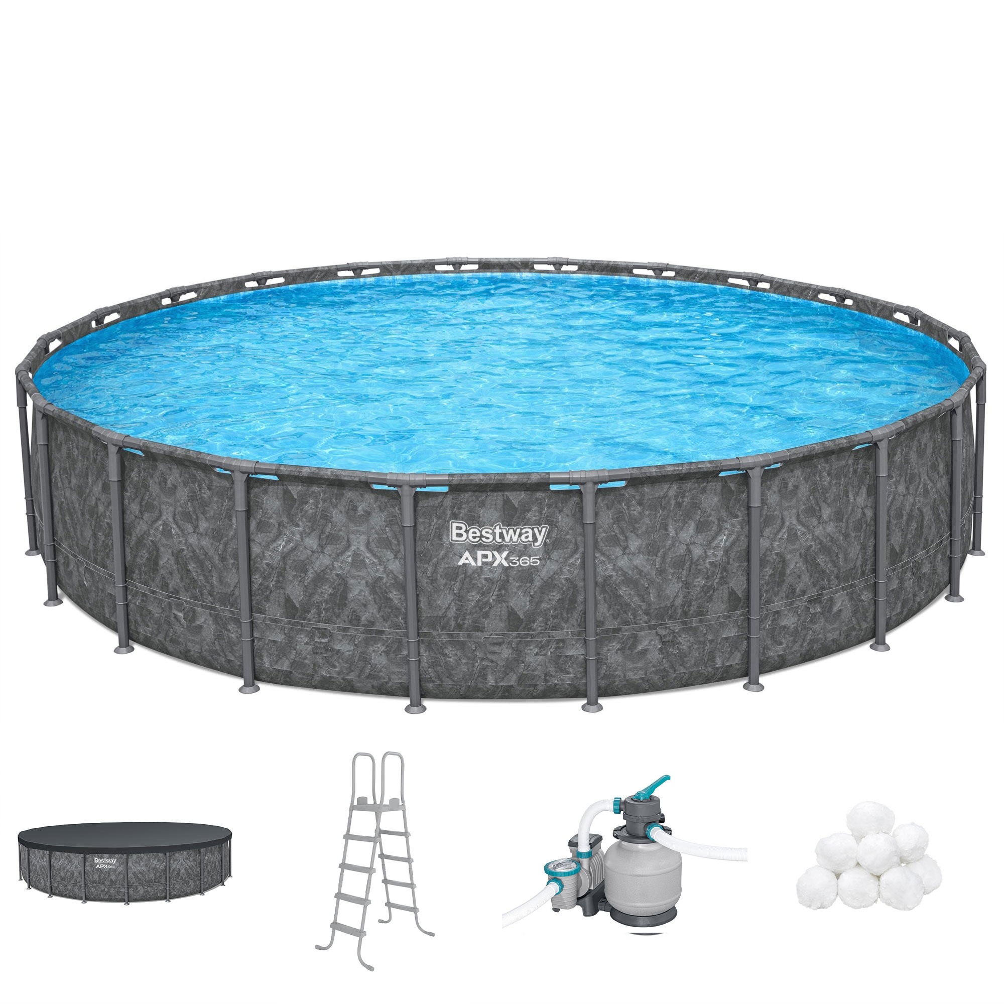 Bestway 404537 22-ft x 22-ft x 4.33-in Metal frame Round Above-Ground Pool with Filter Pump with Pool Cover with Ladder