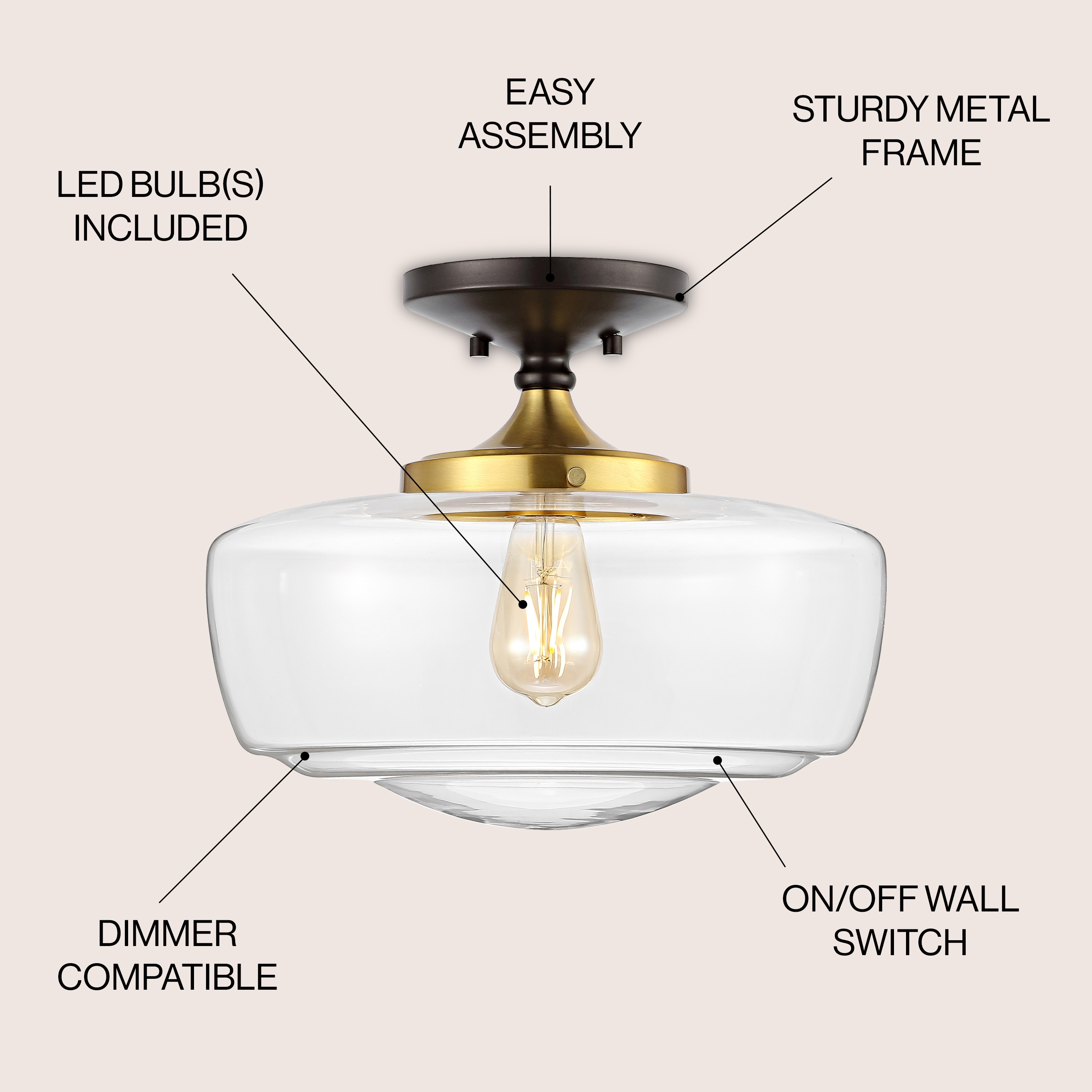 Marfa 14" Clear Glass and Brass Gold Farmhouse LED Flush Mount