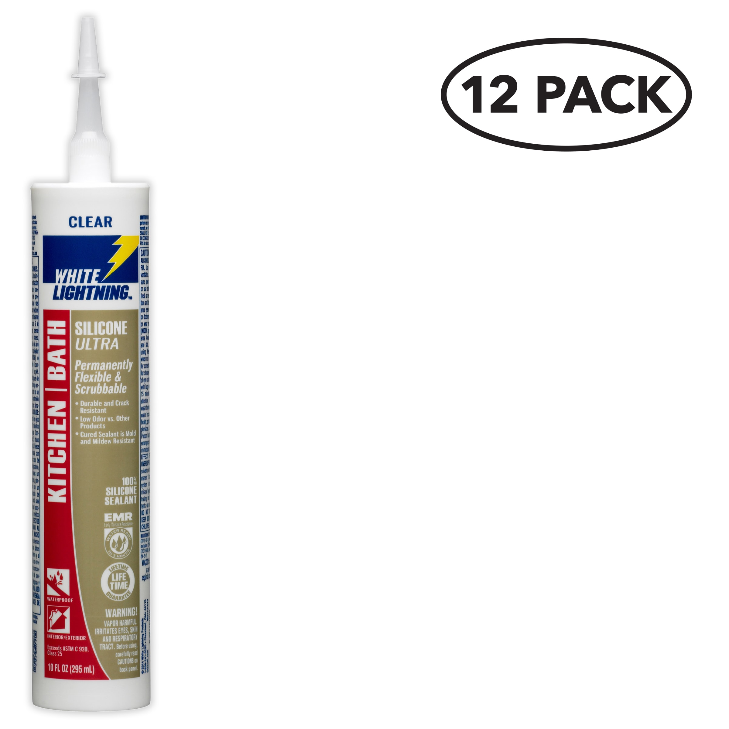White Lightning W21101010SOS Ultra 12 -Pack 10-oz Kitchen bath Clear Silicone Caulk