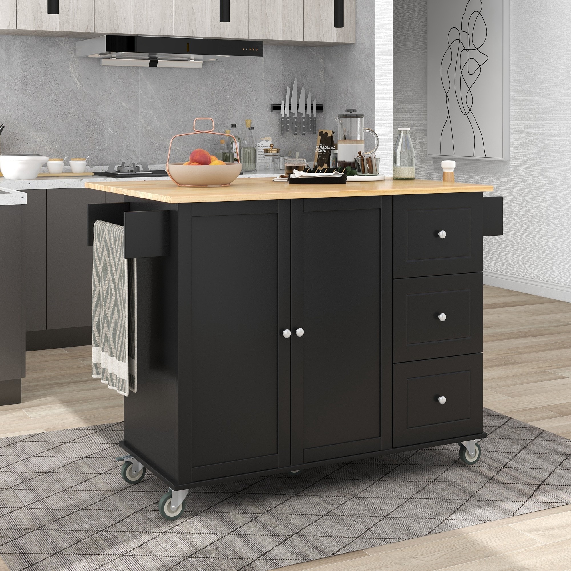 Xspracer ML-KI35AAB Black MDF Base with Wood Wood Top Rolling Kitchen Island ( 30-Inches x 53-Inches x 37-Inches )