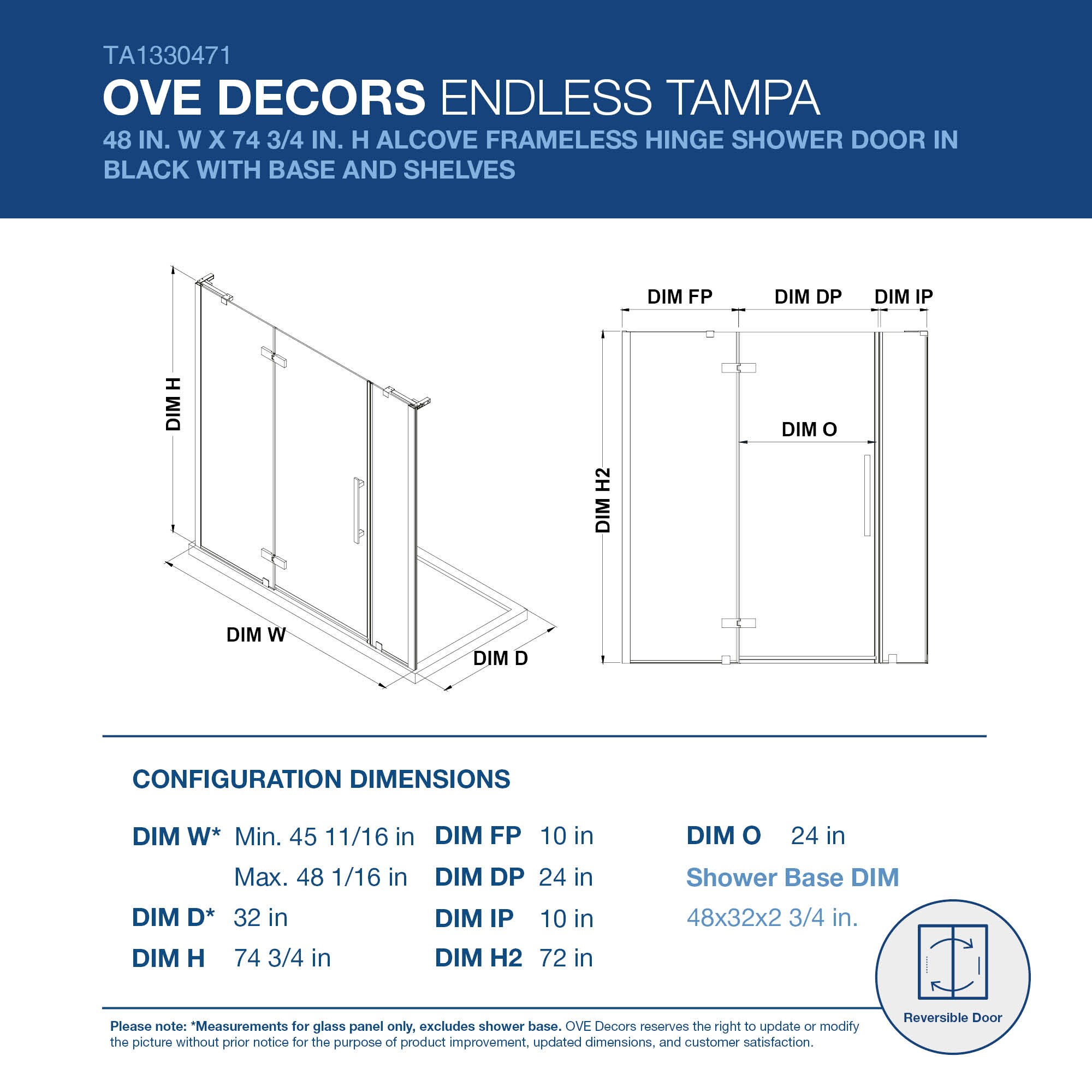 OVE Decors Tampa Matte Black 48-in x 32-in x 75-in Base/Door ...