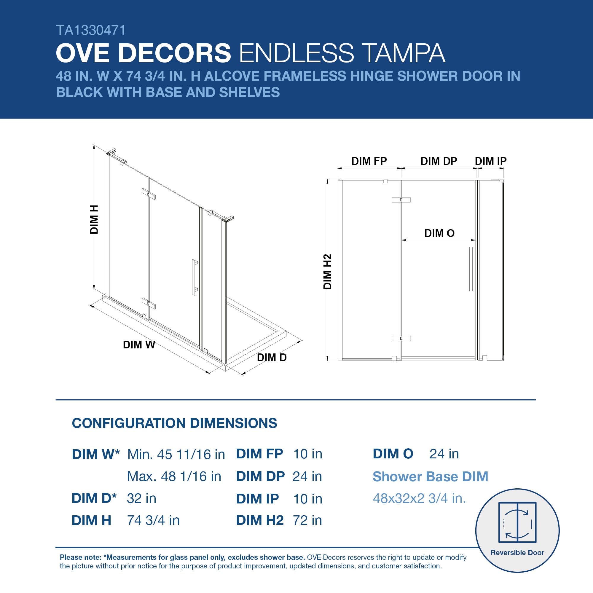 OVE Decors Tampa Matte Black 48-in x 32-in x 75-in Base/Door ...