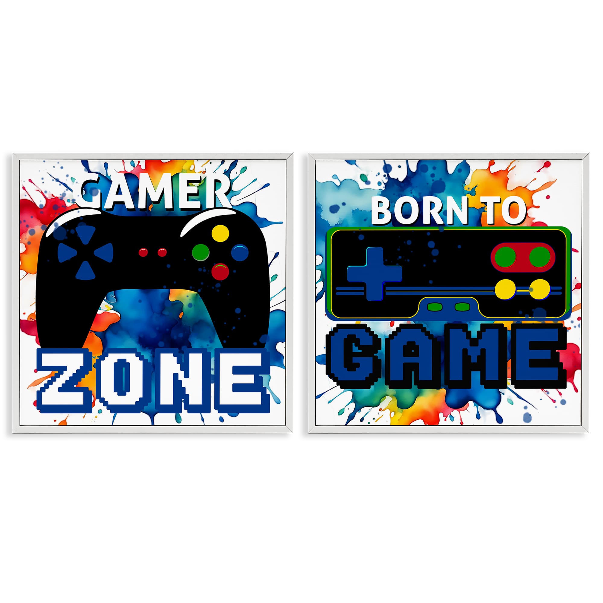 Stupell Industries B2-715-WFR-2PC-17X17 Gamer Zone on Splash 2pc Framed Giclee Set design by Kim Allen