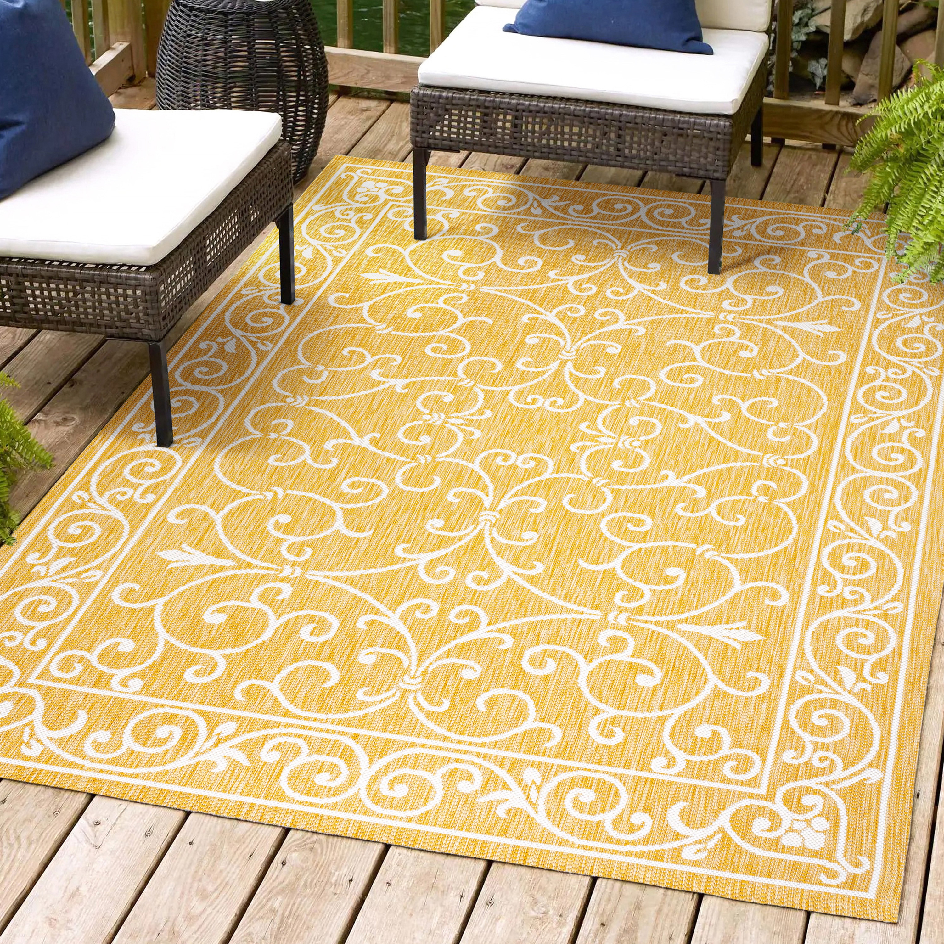 JONATHAN  Y SMB106L-9 Santa Monica Charleston Filigree Textured Weave 9 x 12 (ft) Loomed Polypropylene Yellow/Cream Rectangular Indoor/Outdoor Geometric French Country Area rug