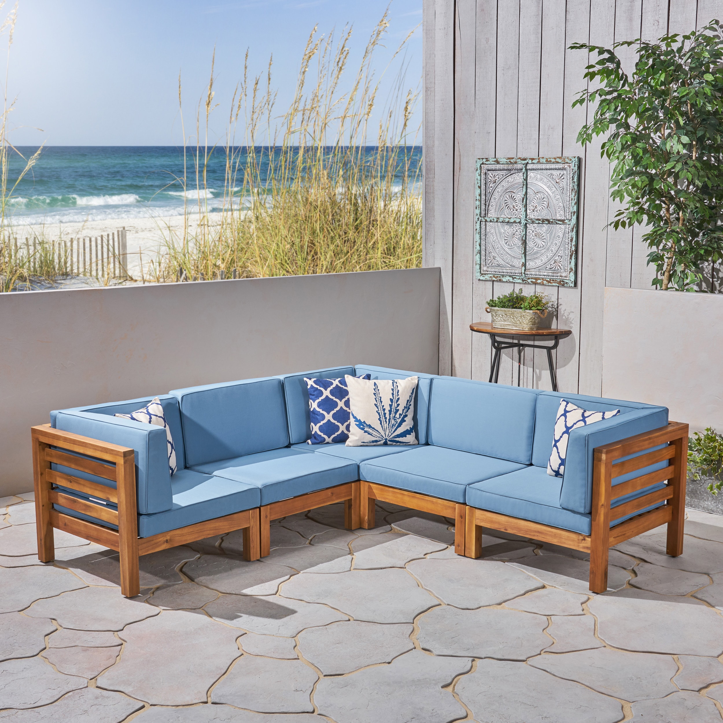 Christopher Knight Home - Oana Outdoor 5 Seat Acacia Sectional Set Teak and Blue