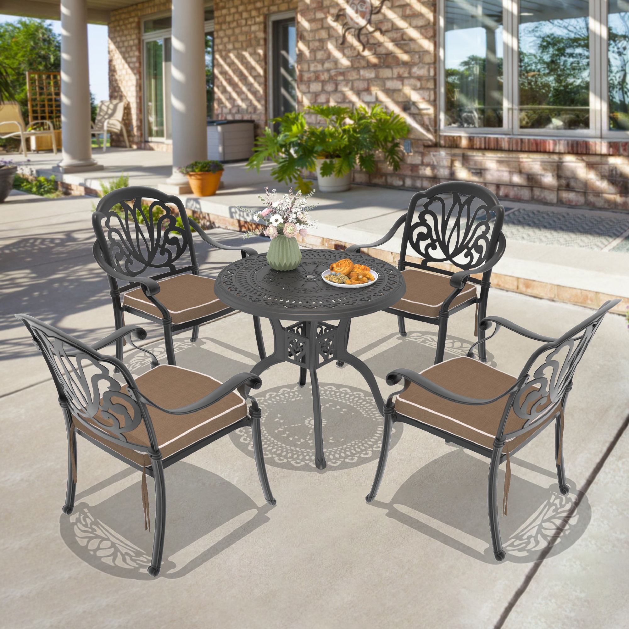 nicesure SLBK6002CZ4A1053RC 5 -Piece Black Patio Dining Set Aluminum Round Table with 4 Cushions Stackable Stationary Chairs