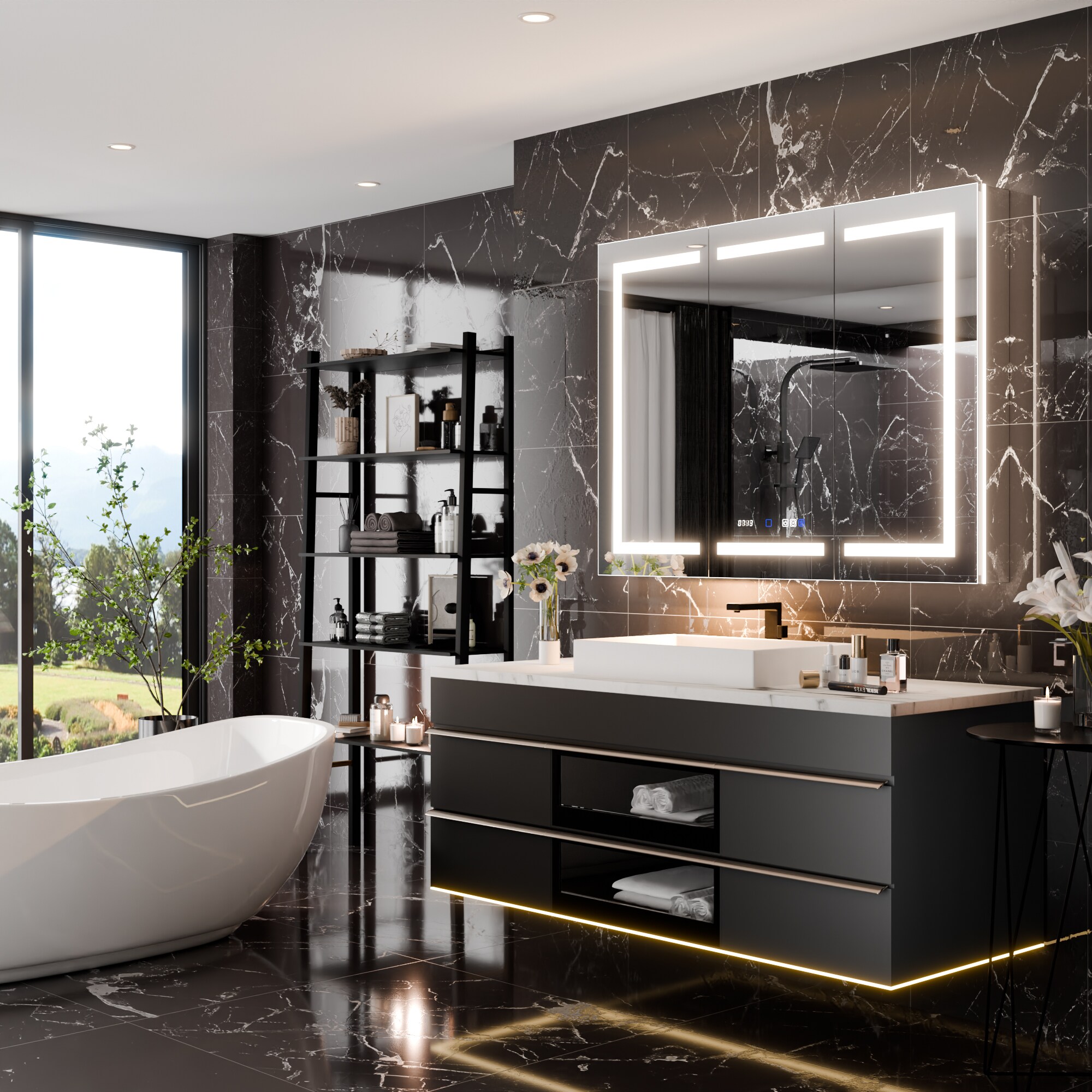 AAZJ EX11 30-in x 36-in Lighted LED Fog Free Surface/Recessed Mount Silver Mirrored Soft Close Medicine Cabinet