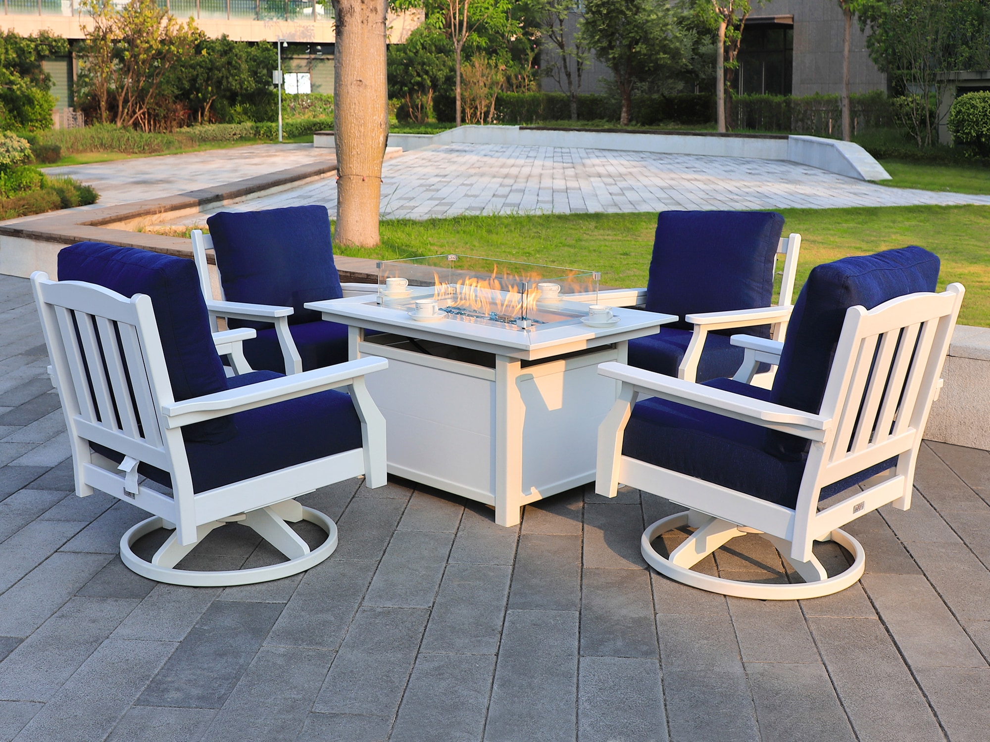 LuXeo 45-WHT-1553WHT5 Cortina-Rock Aspen, 5-piece 5-Piece Patio Conversation Set with Blue Cushions