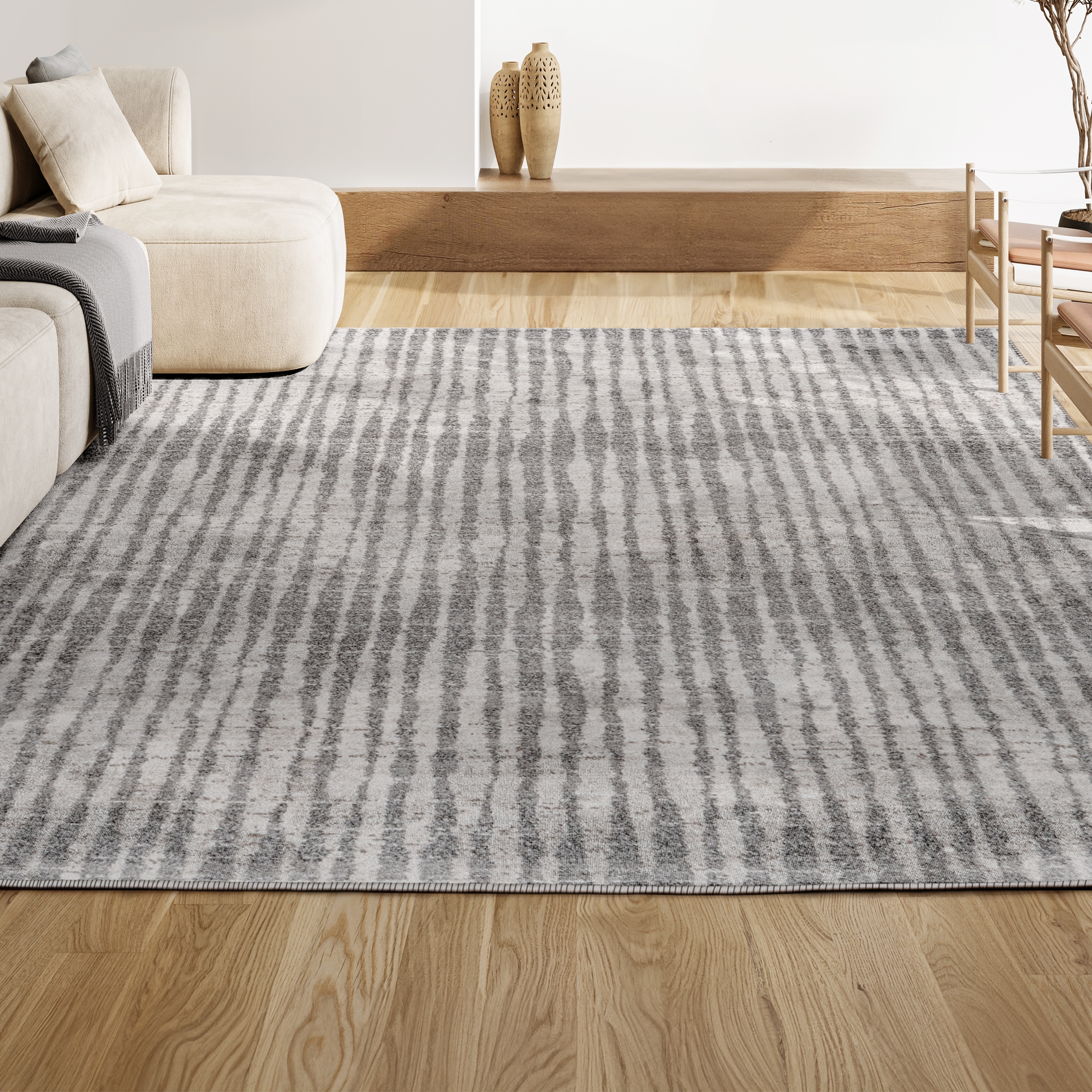 Reversible Gray and Ivory Stripe Synthetic Area Rug