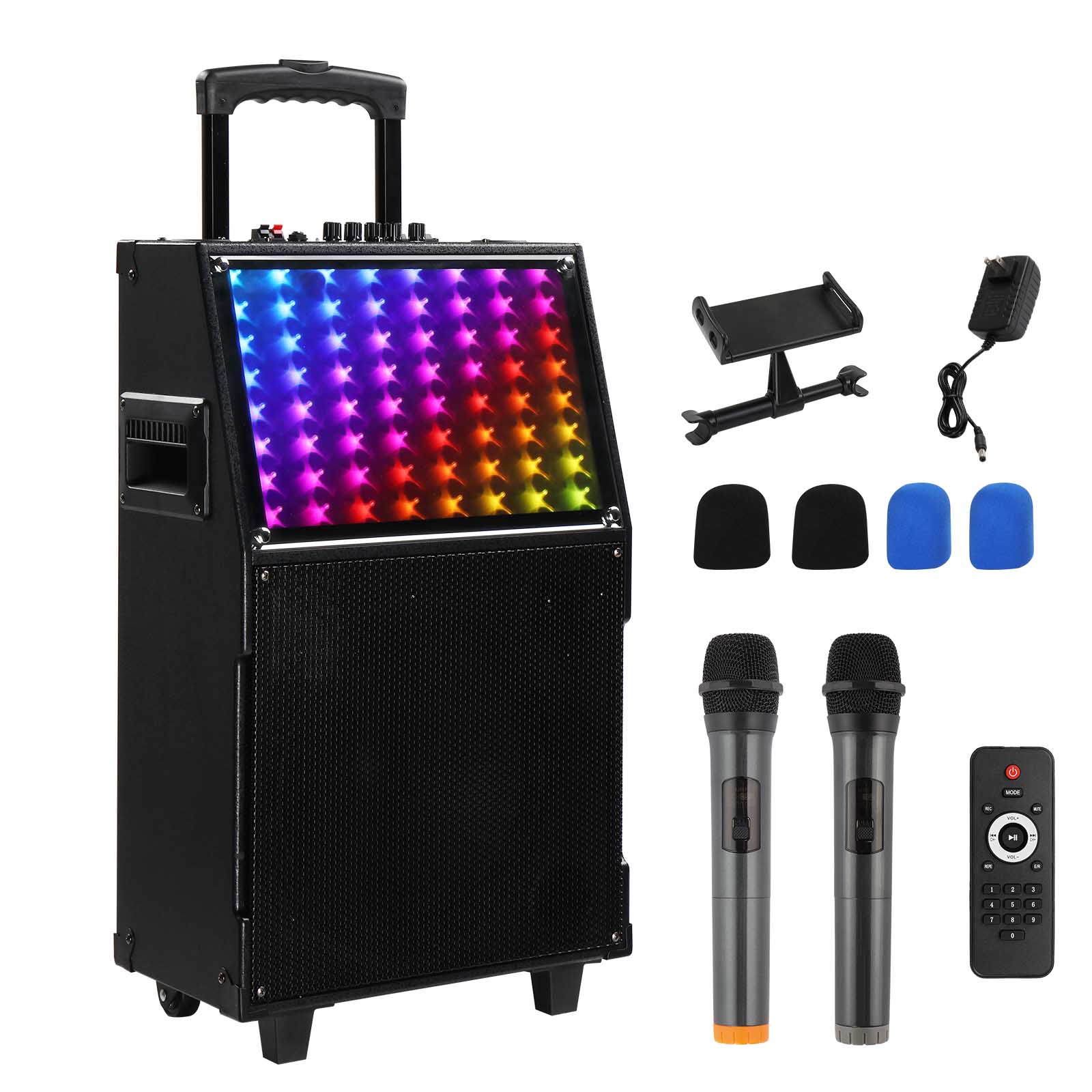Bestcore 12-in Portable Bluetooth Party Speaker 60W Trolley Speaker with LED Light 2 Wireless Microphones and Remote Control Black