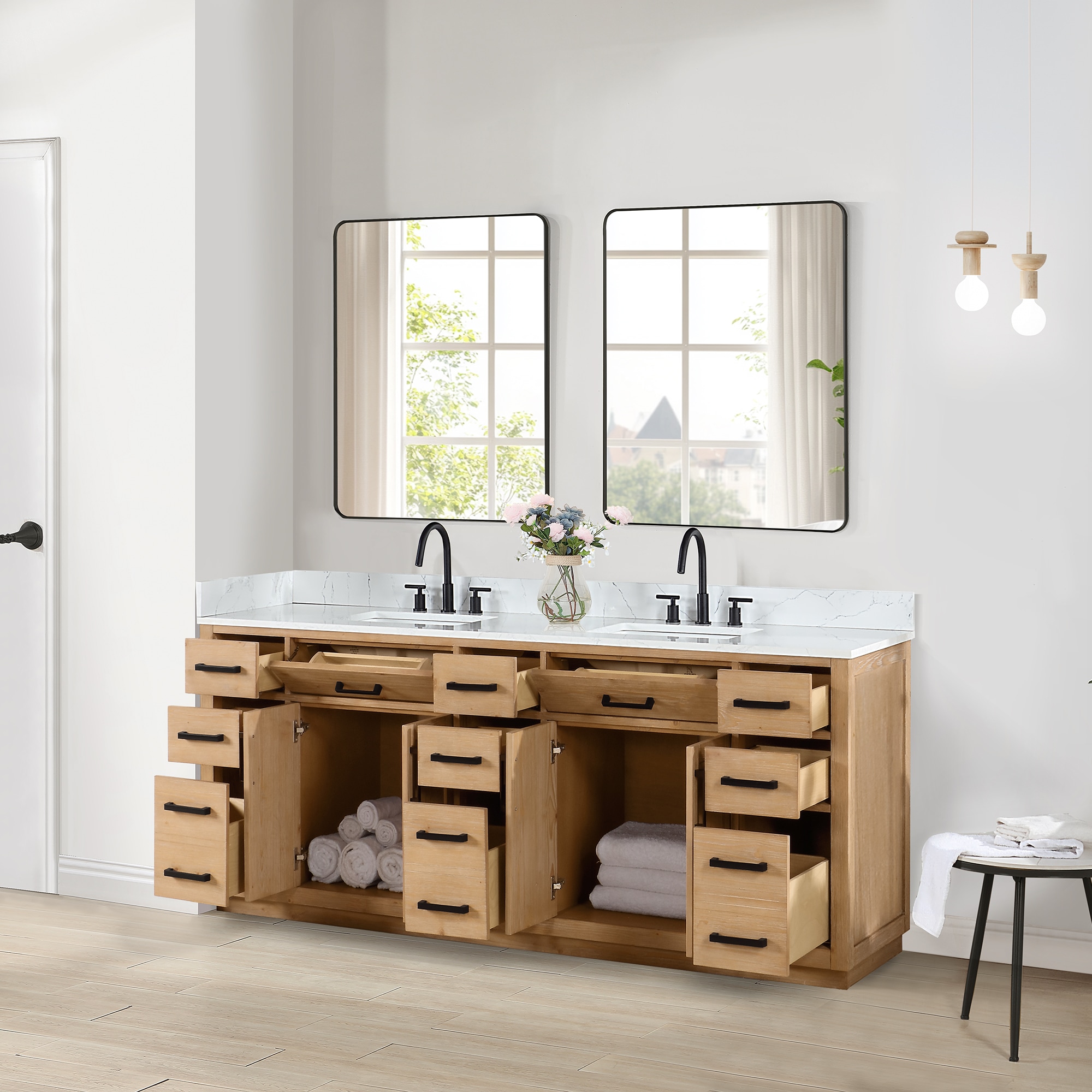 Gavino 84" Light Brown Double Vanity with White Stone Countertop and Mirror