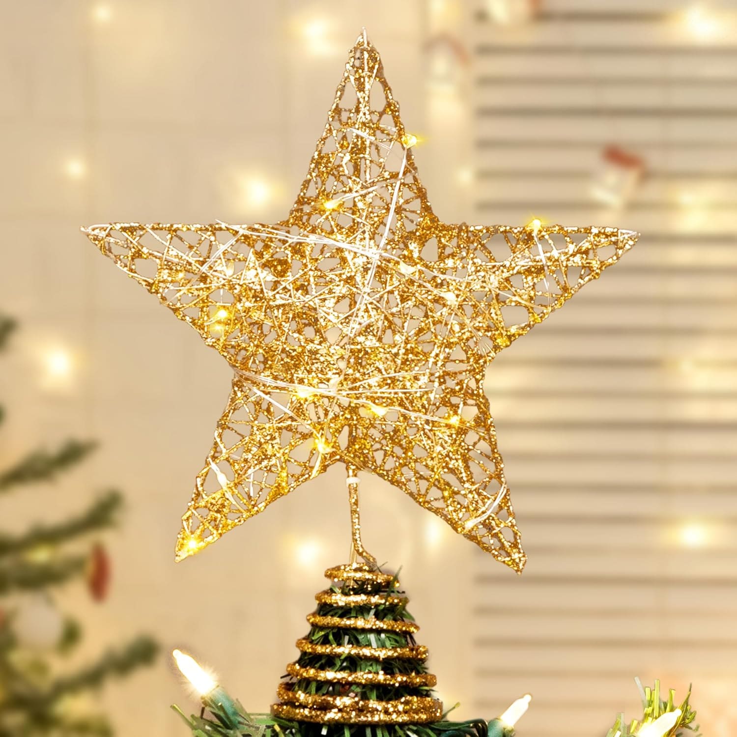 Joyfy 30356P 8 inch Christmas Gold Glitter Star Tree Toppers