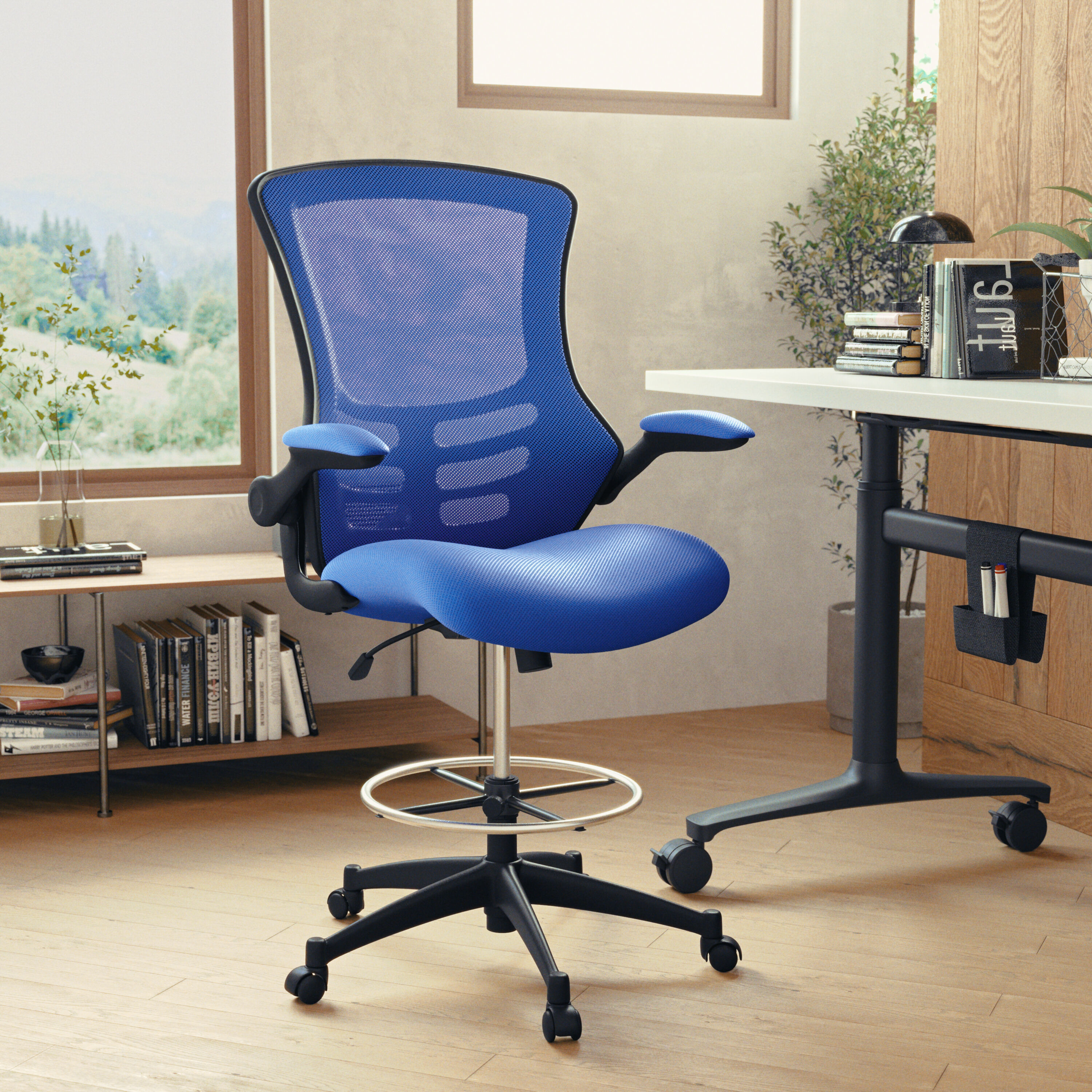 ErgoFlex Blue Mesh and Leather Drafting Chair with Adjustable Arms