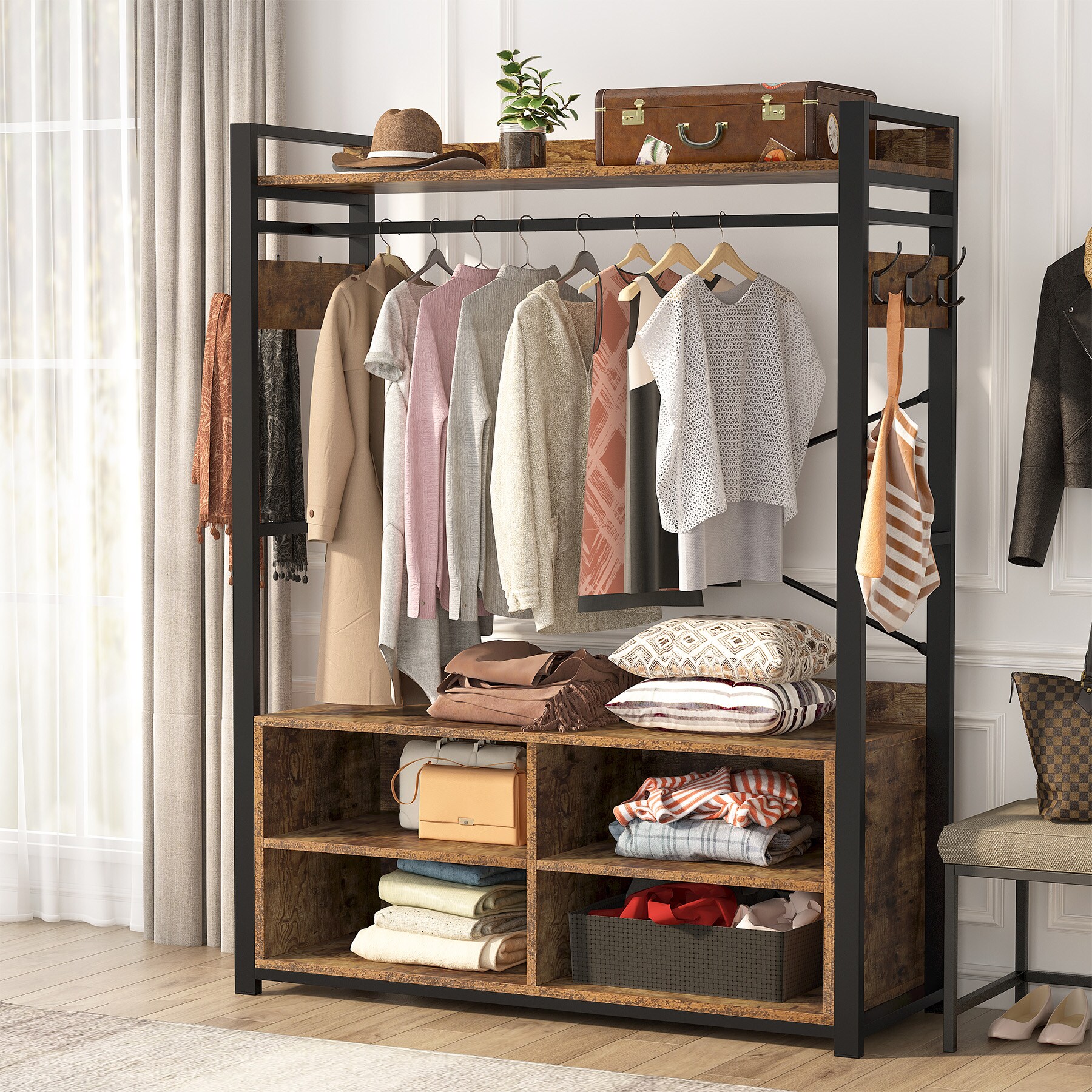 Tribesigns Freestanding Brown Steel Clothing Rack with Shelves, 47.24 ...