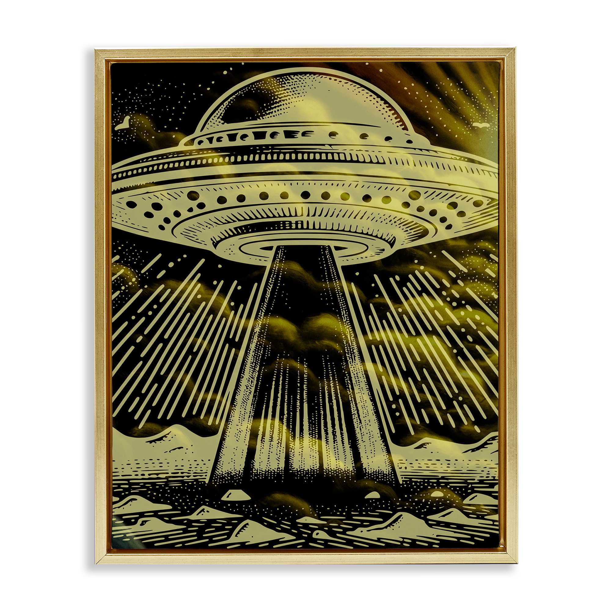 Stupell Industries BS-100-FFG-24X30 Mysterious Alien UFO Gold Framed Floater Canvas Wall Art By Jesse Keith 25 x 31