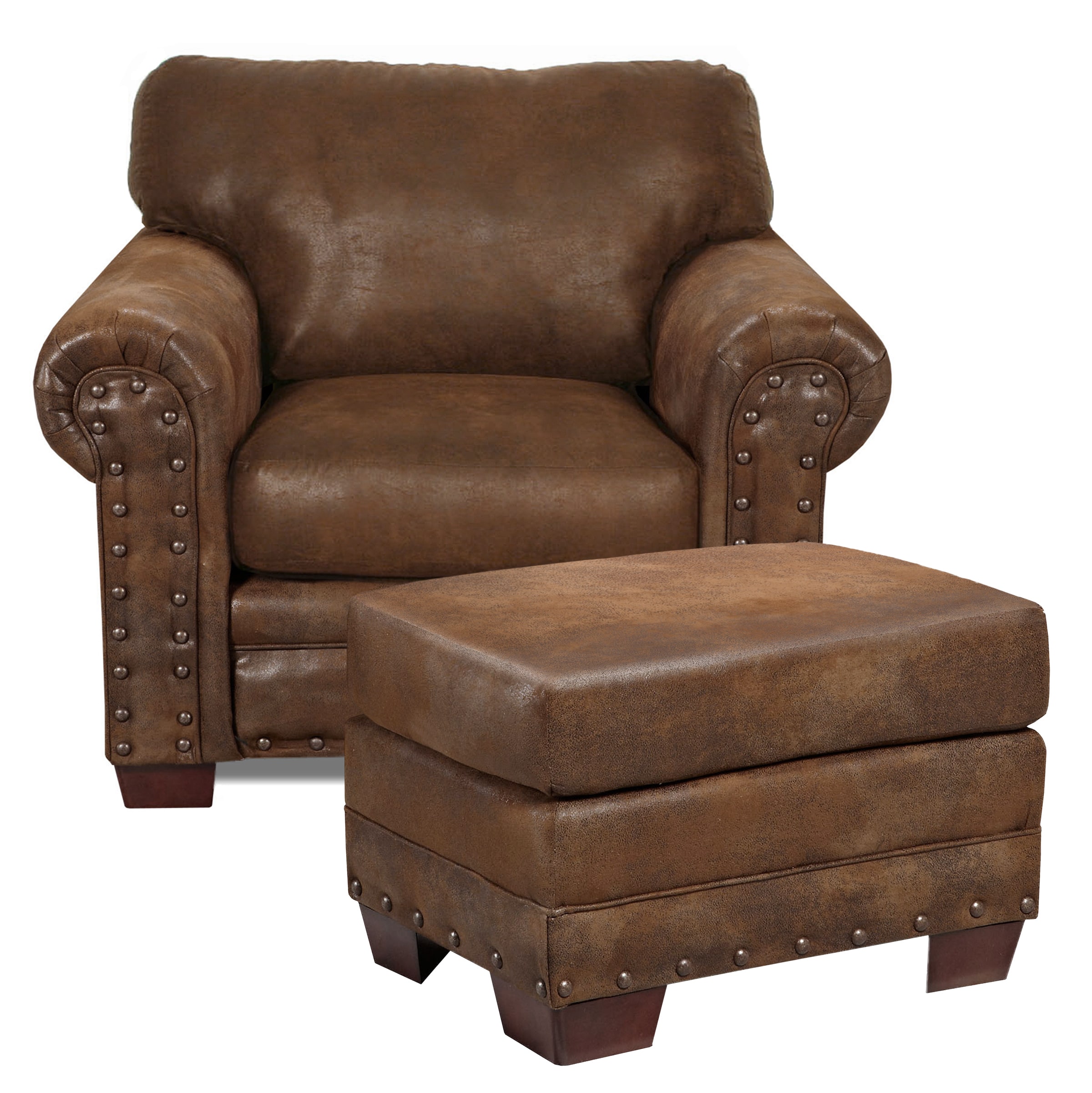 Buckskin Brown Faux Leather Sofa Set with Ottoman and Nailhead Accents